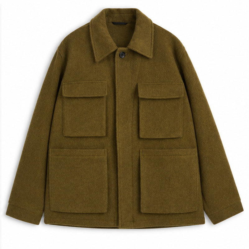 Wool Field Jacket with Covered Placket and Rear Adjusters, Moss Green