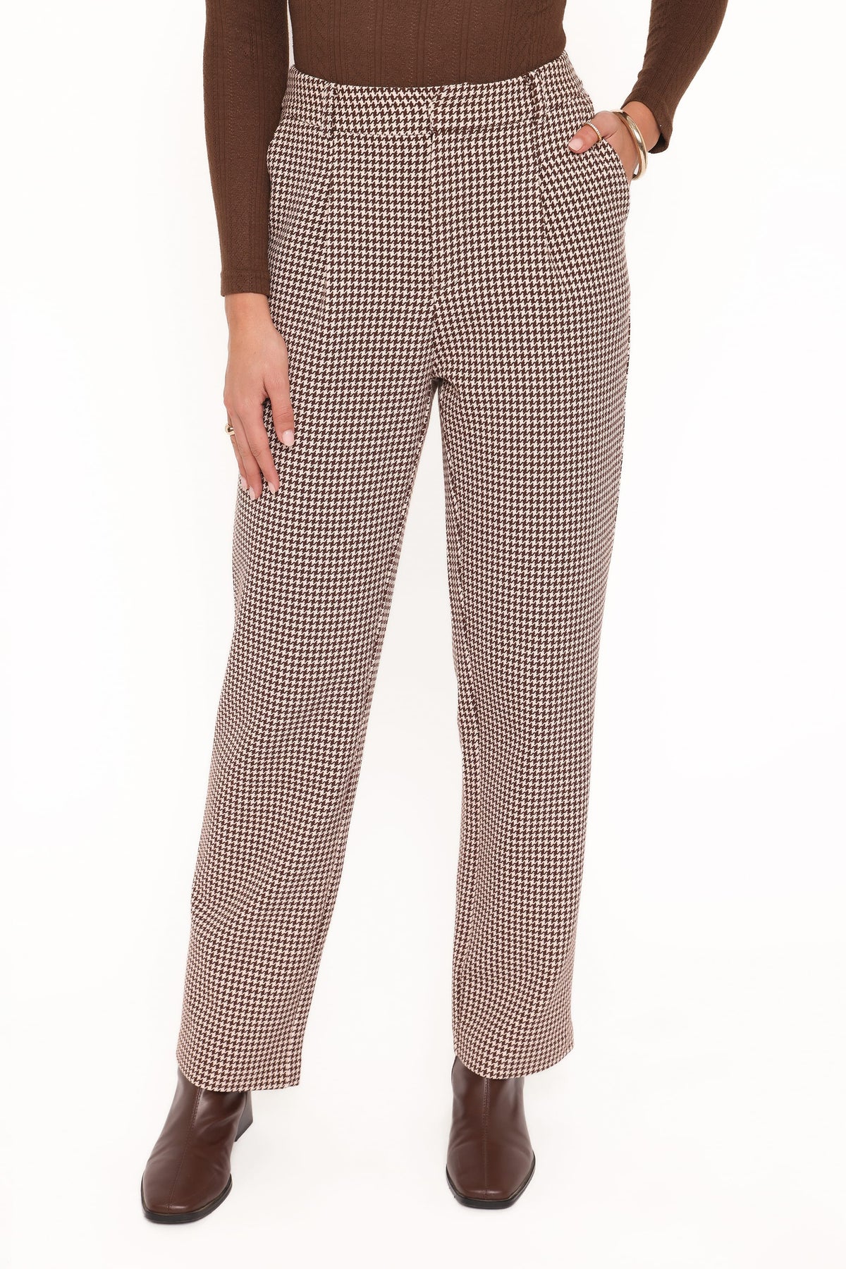 Petal and Pup USA BOTTOMS Jessie Straight Leg Trouser Pants - Brown Houndstooth