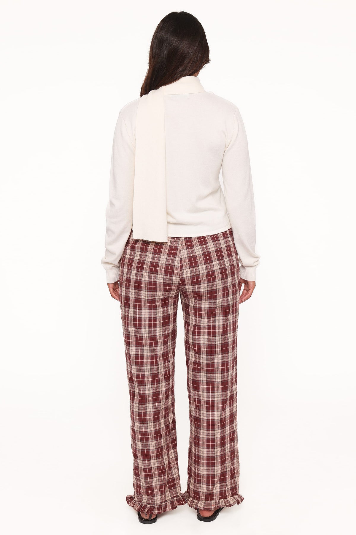 Petal and Pup USA BOTTOMS Kaelia Frill Hem Straight Pant - Burgundy Plaid