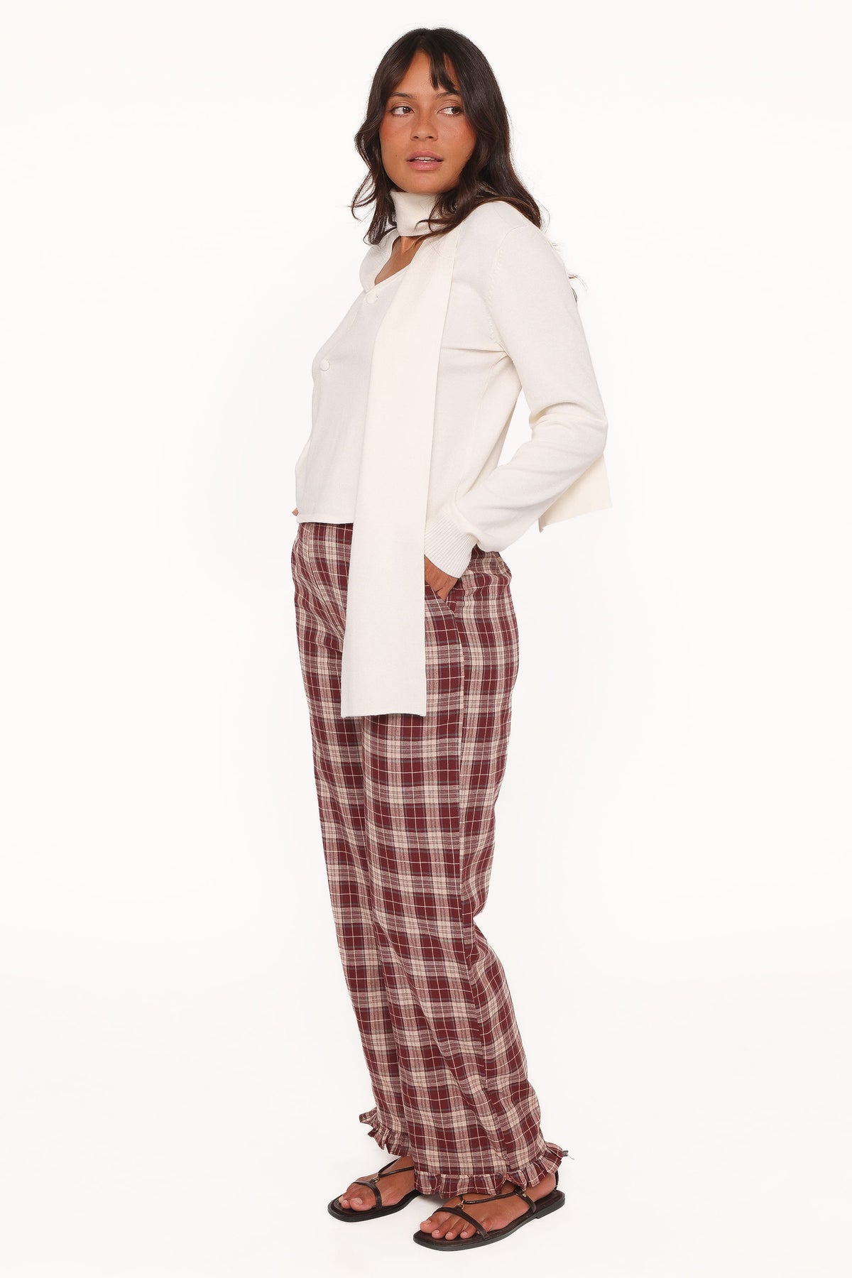 Petal and Pup USA BOTTOMS Kaelia Frill Hem Straight Pant - Burgundy Plaid