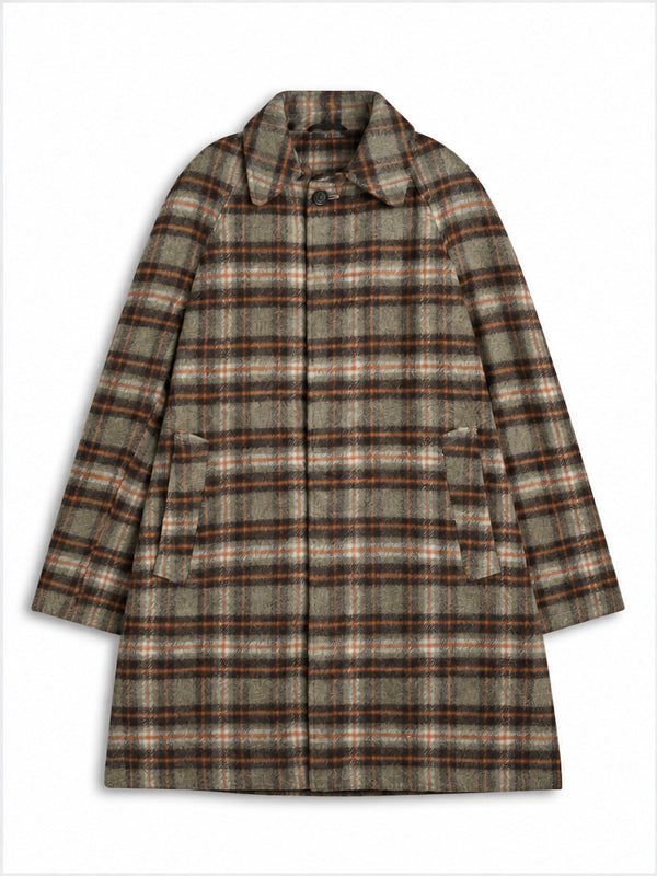 Wool Overcoat with Oatmeal Plaid Pattern and Spread Collar