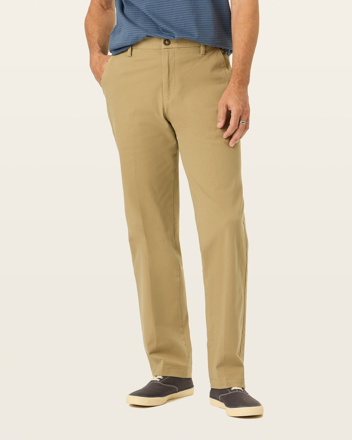 Back view of model wearing New British Khaki Workday Khakis, Classic Fit.