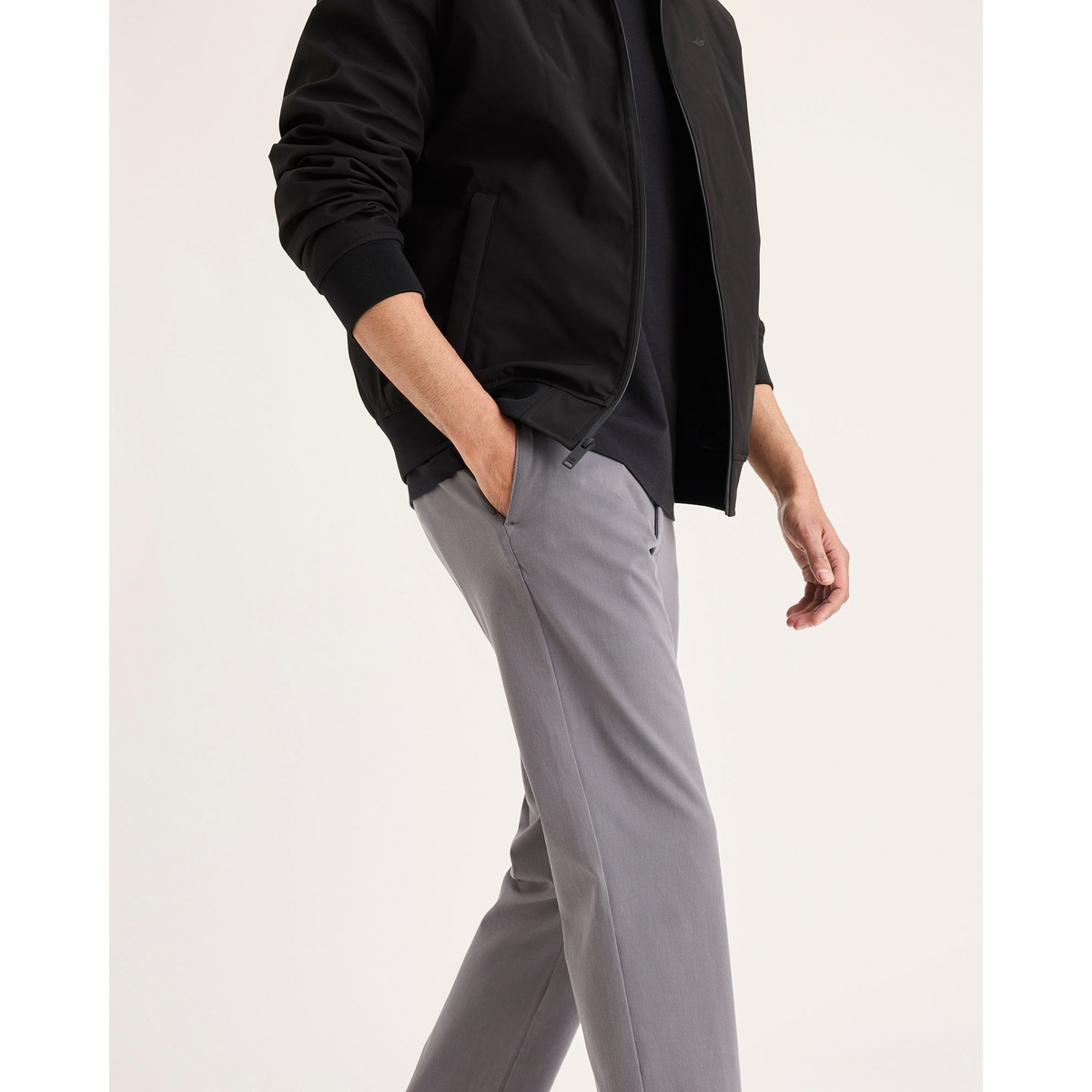 View of model wearing Car Park Grey Go Activeflex Chino, Slim Fit.
