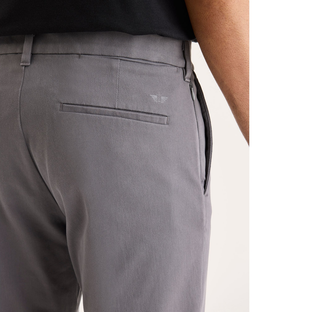 View of model wearing Car Park Grey Go Activeflex Chino, Slim Fit.