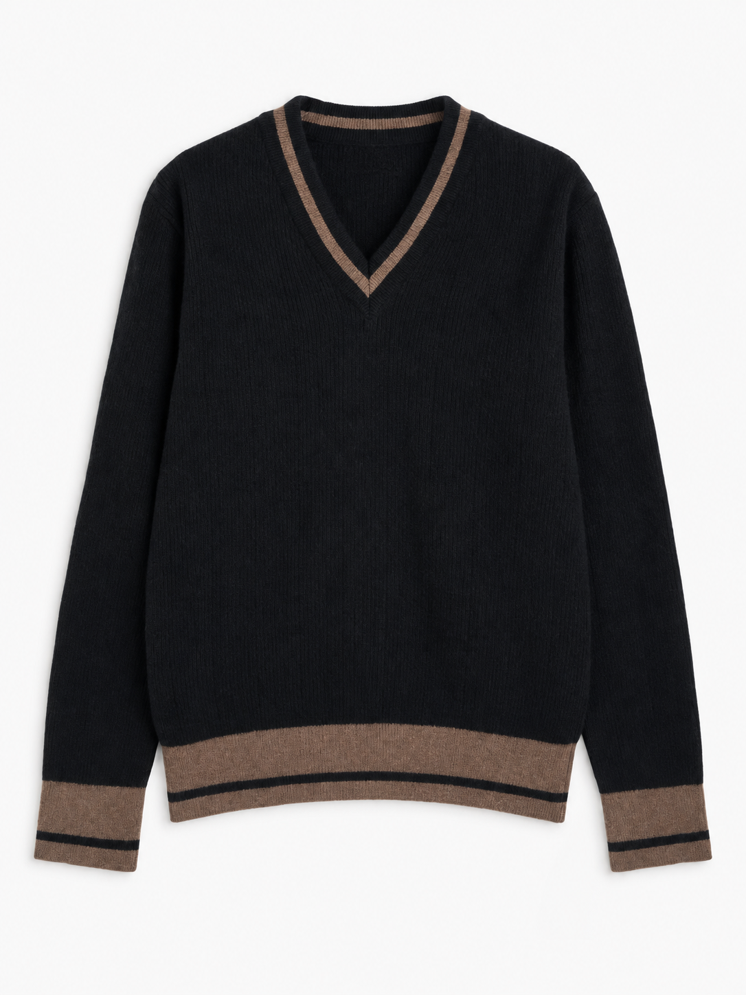 V-Neck Wool Jumper with Contrast Trim in Black