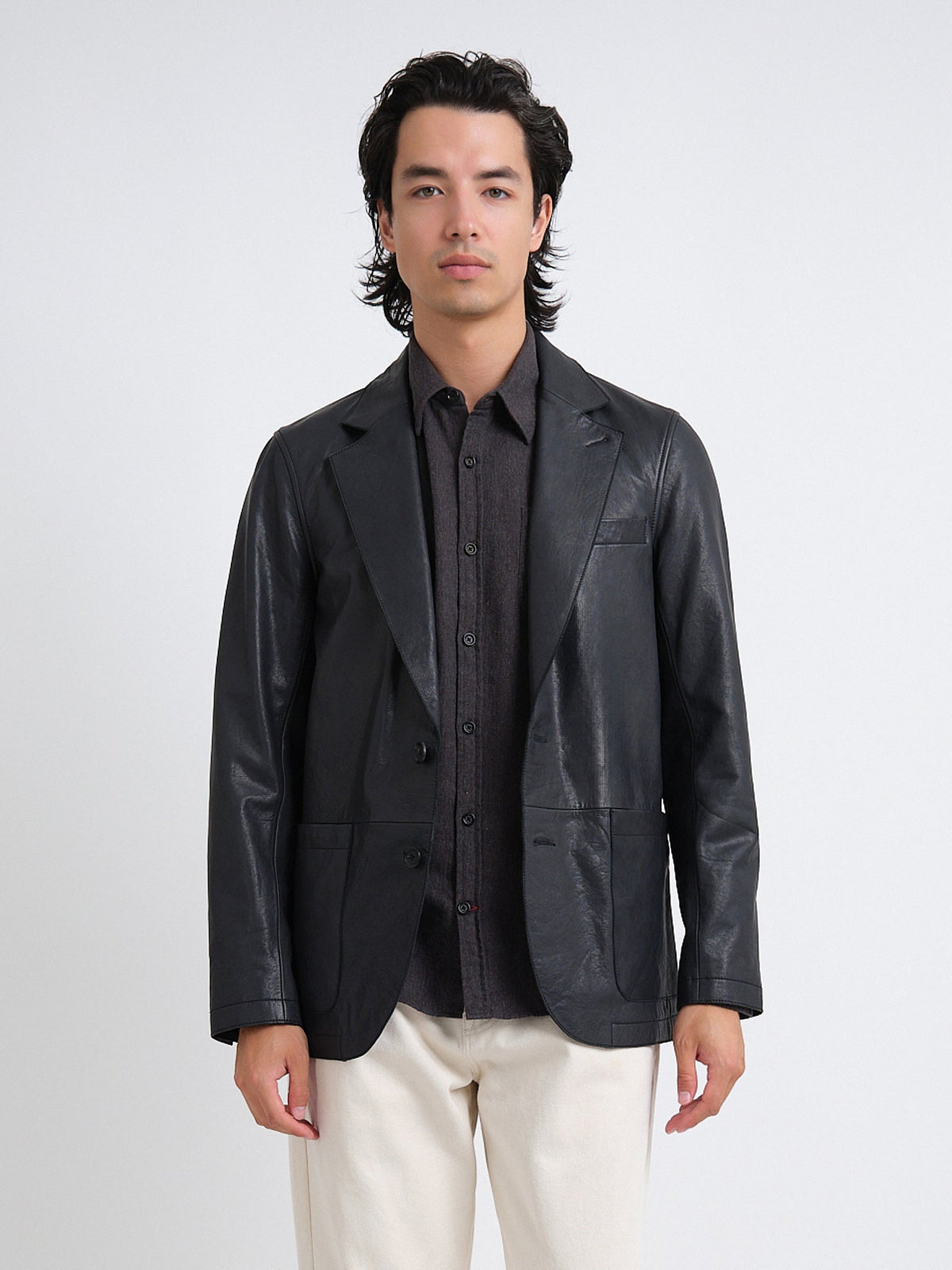 Black Leather Jacket with Two-Button Closure and Notch Lapels