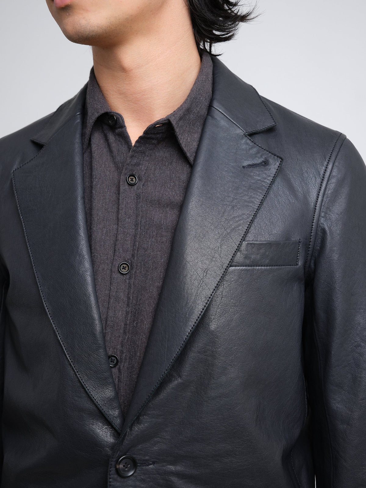 Black Leather Jacket with Two-Button Closure and Notch Lapels