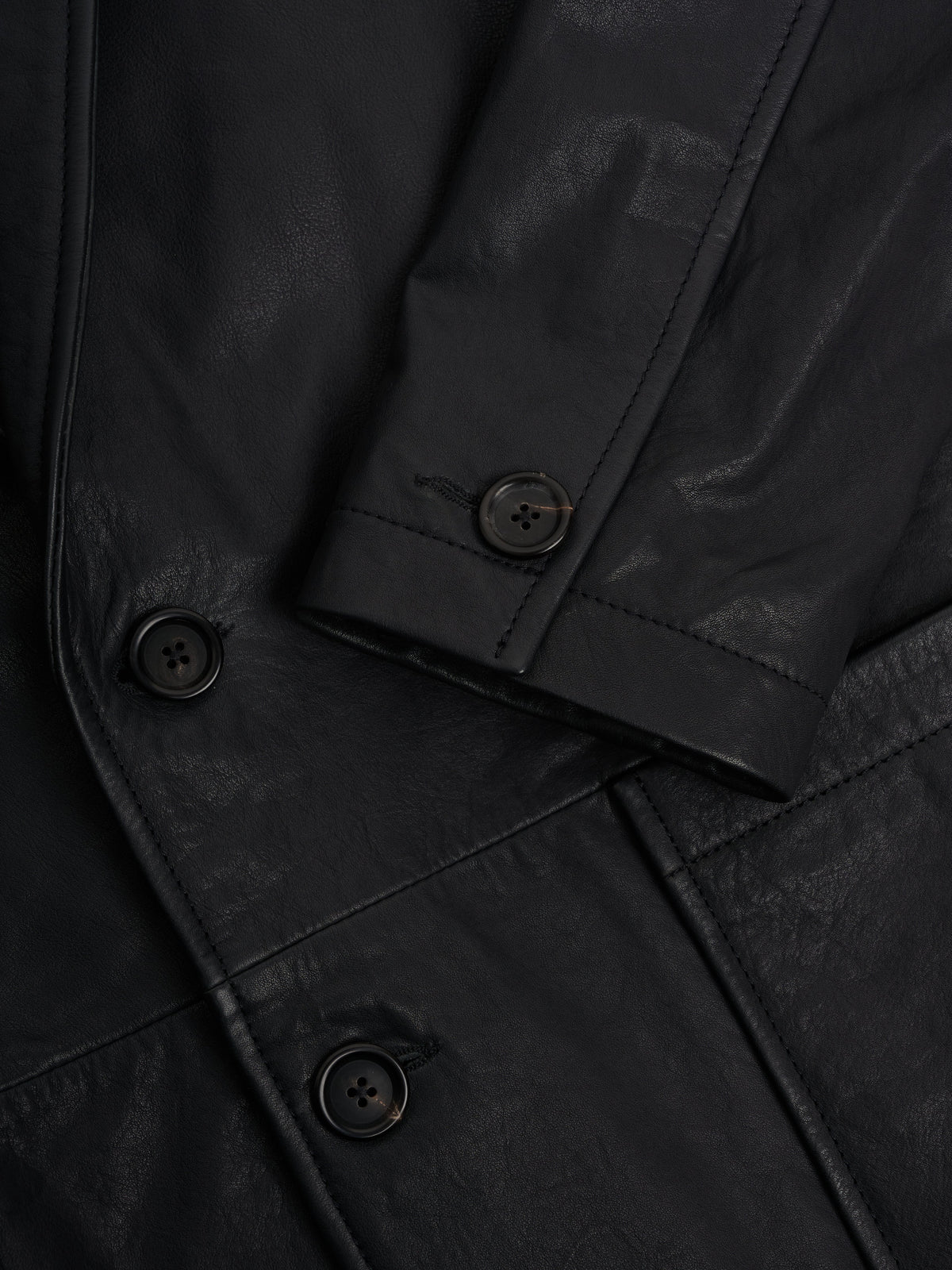 Black Leather Jacket with Two-Button Closure and Notch Lapels