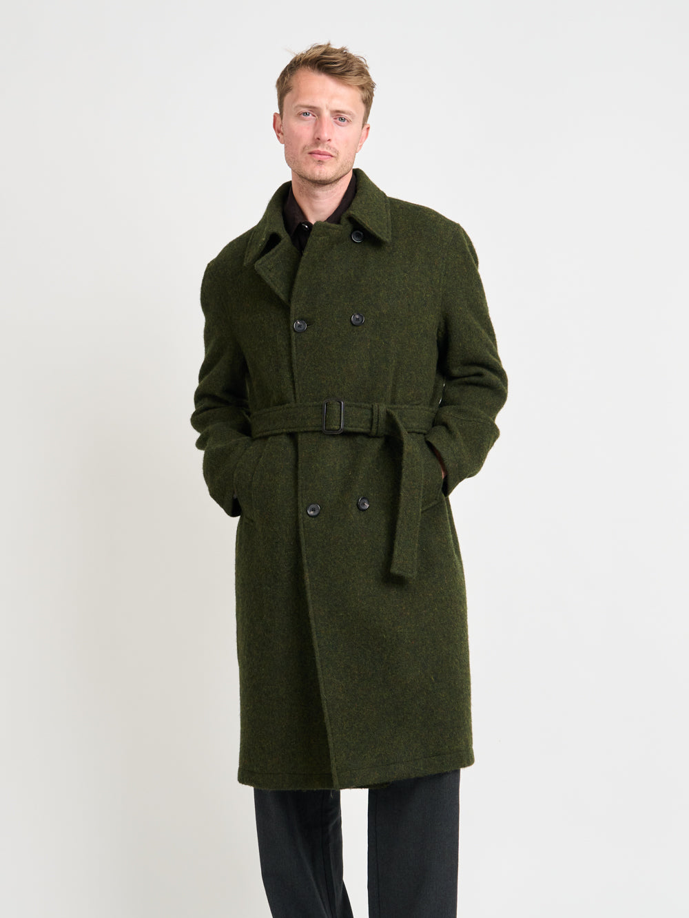 Double-Breasted Wool Winter Coat with Adjustable Belt and Horn Buttons