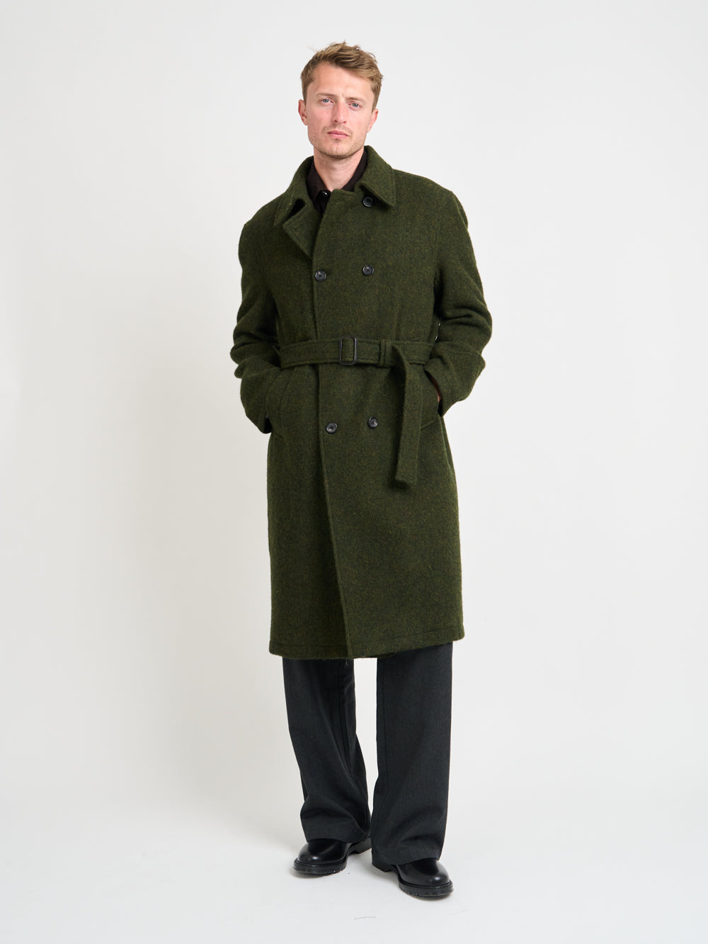 Double-Breasted Wool Winter Coat with Adjustable Belt and Horn Buttons