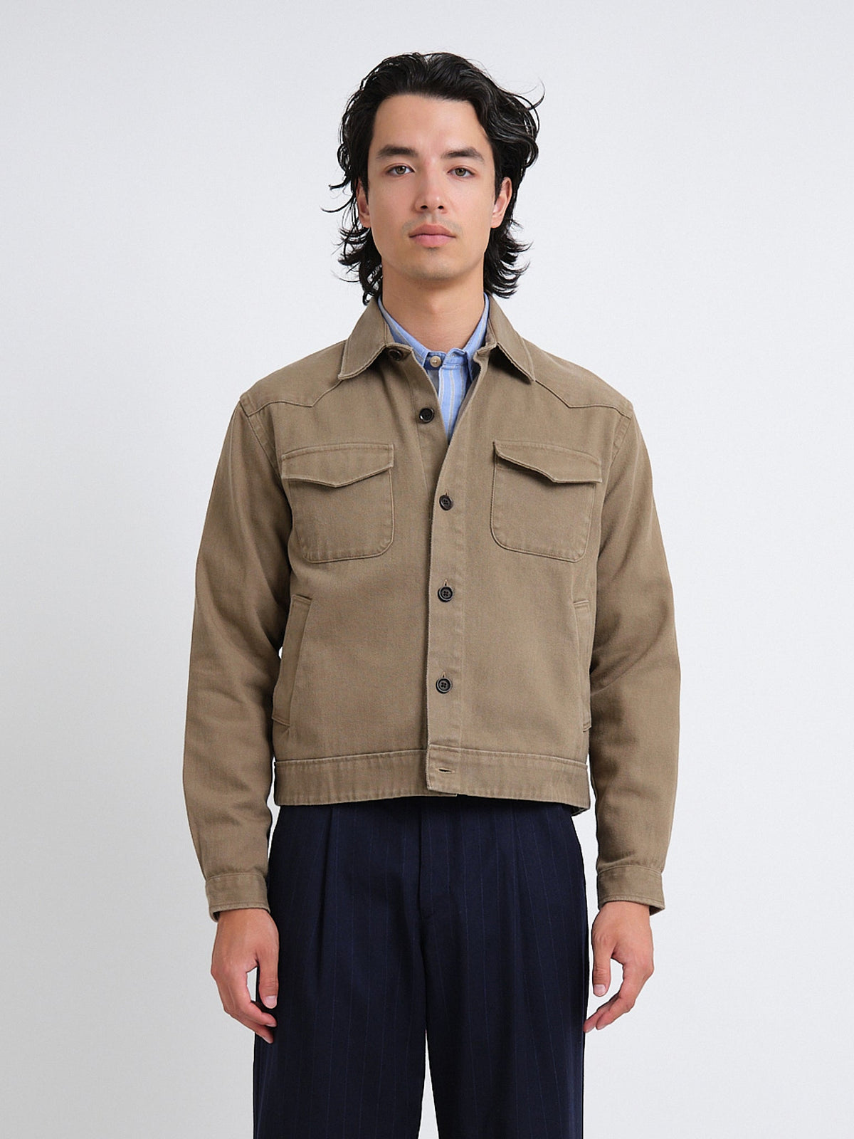 Short Cotton Twill Jacket with Spear Collar and Four Pockets