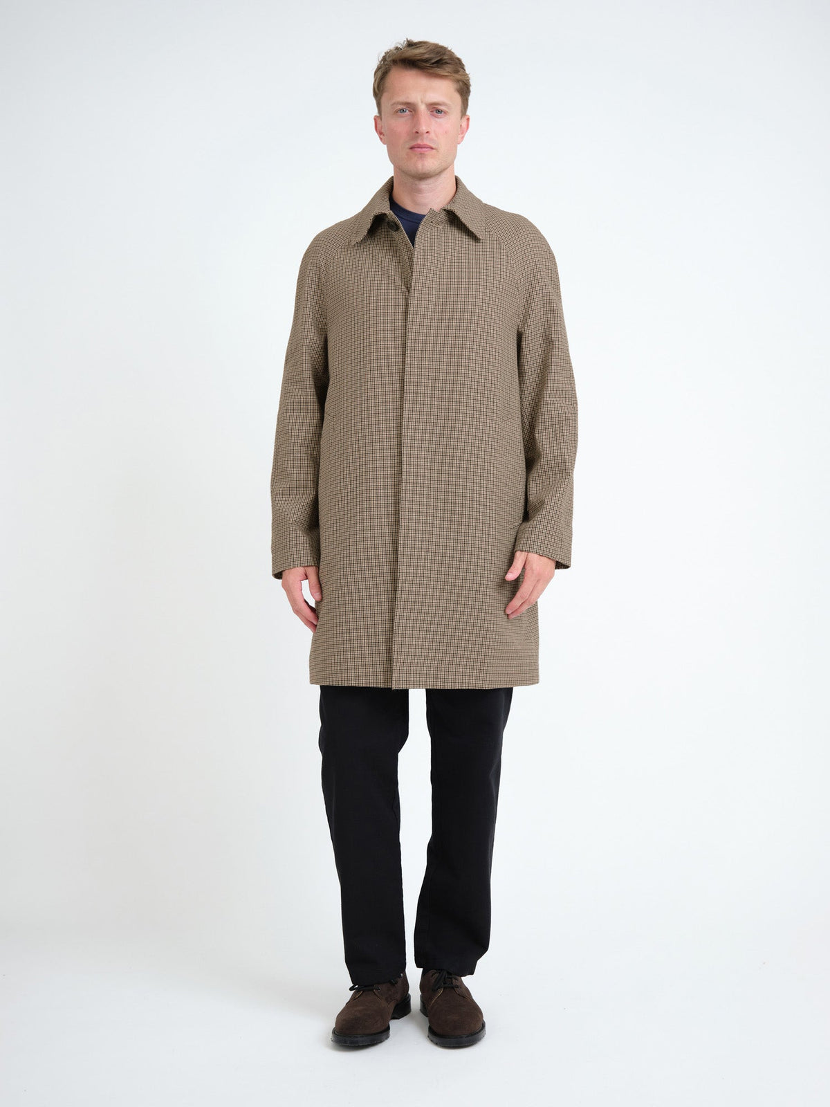 Beige Houndstooth Overcoat with Cotton Wool Blend and Spread Collar