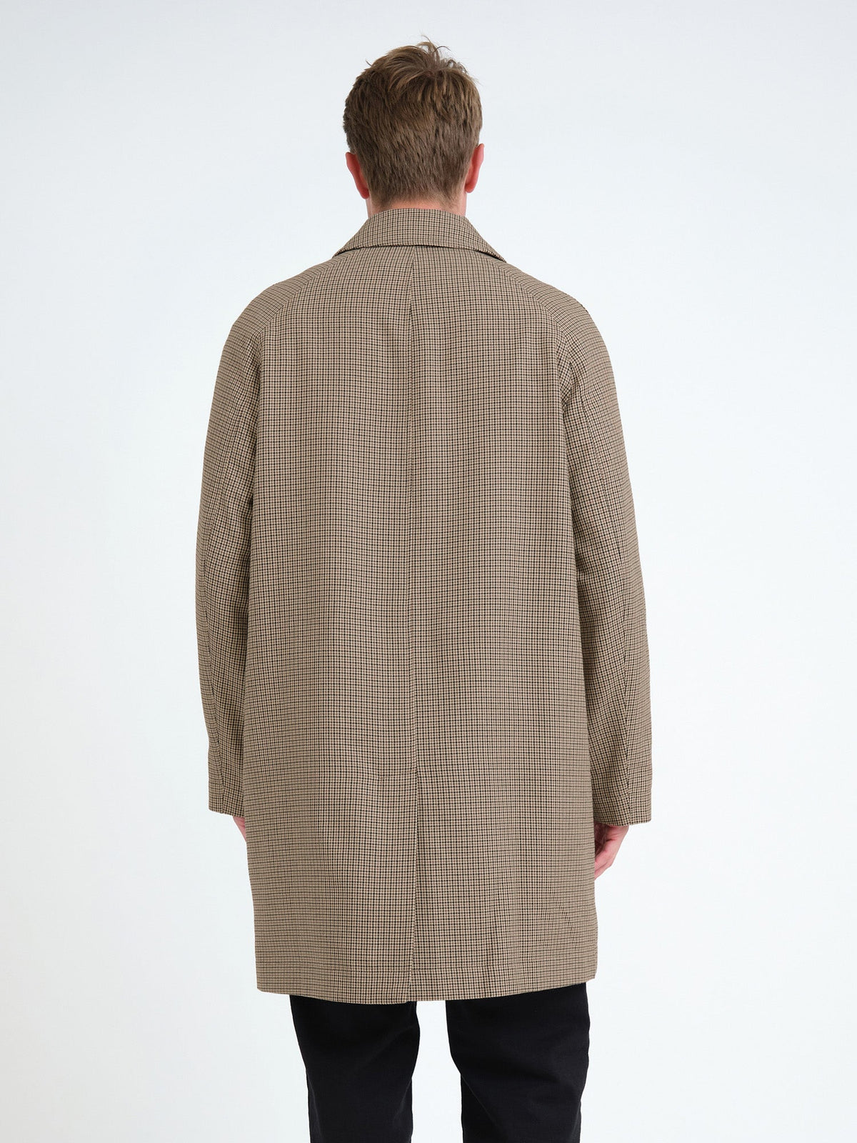 Beige Houndstooth Overcoat with Cotton Wool Blend and Spread Collar