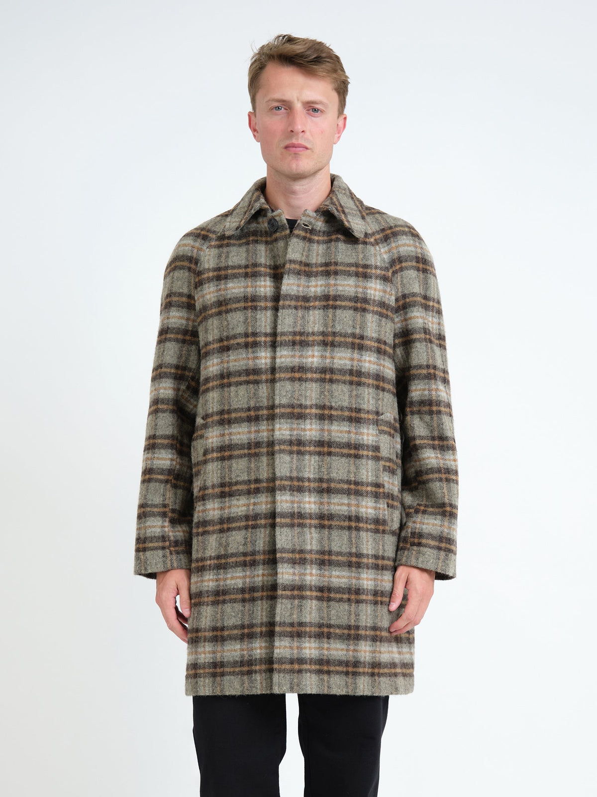 Wool Overcoat with Oatmeal Plaid Pattern and Spread Collar