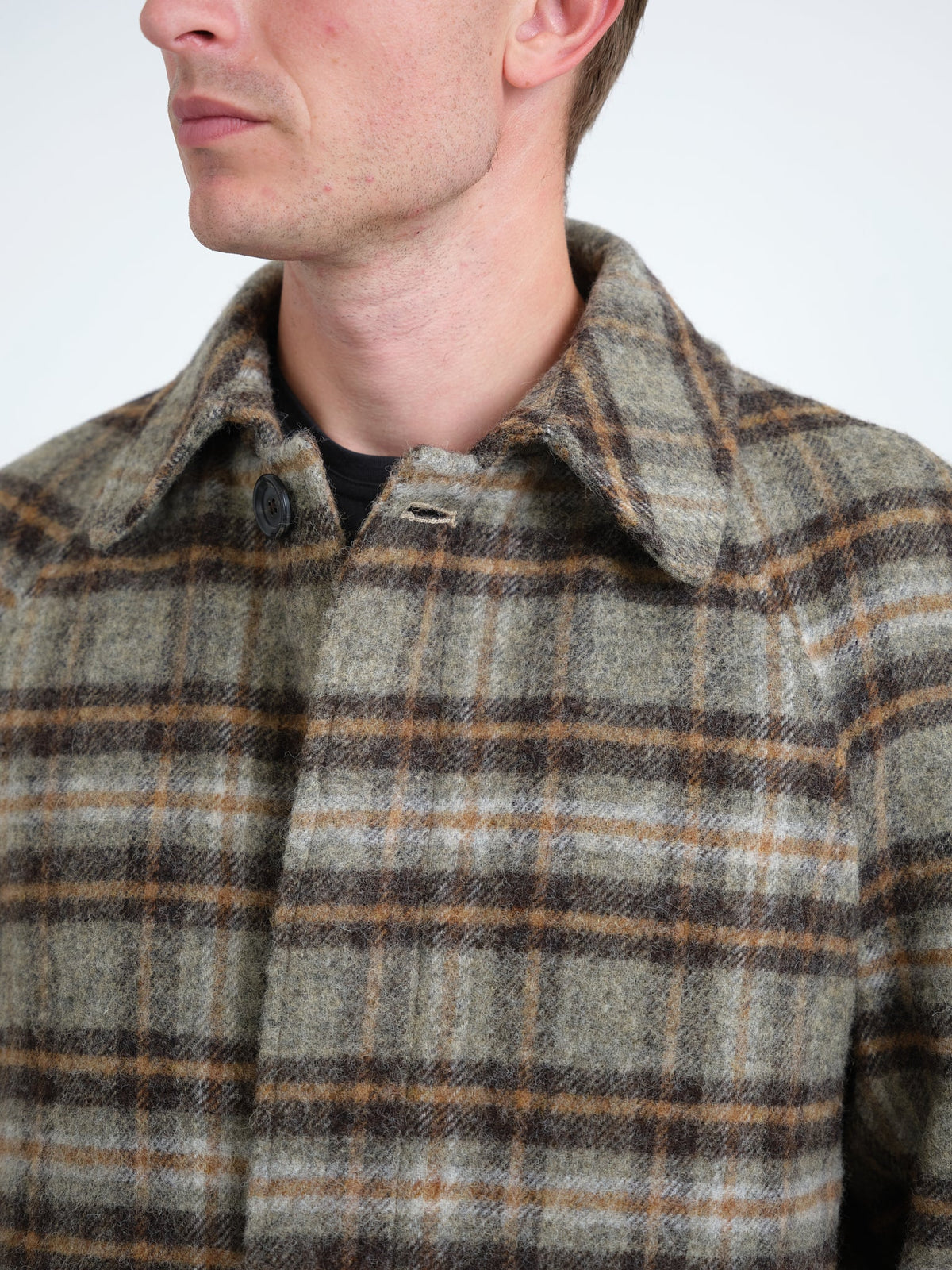 Wool Overcoat with Oatmeal Plaid Pattern and Spread Collar