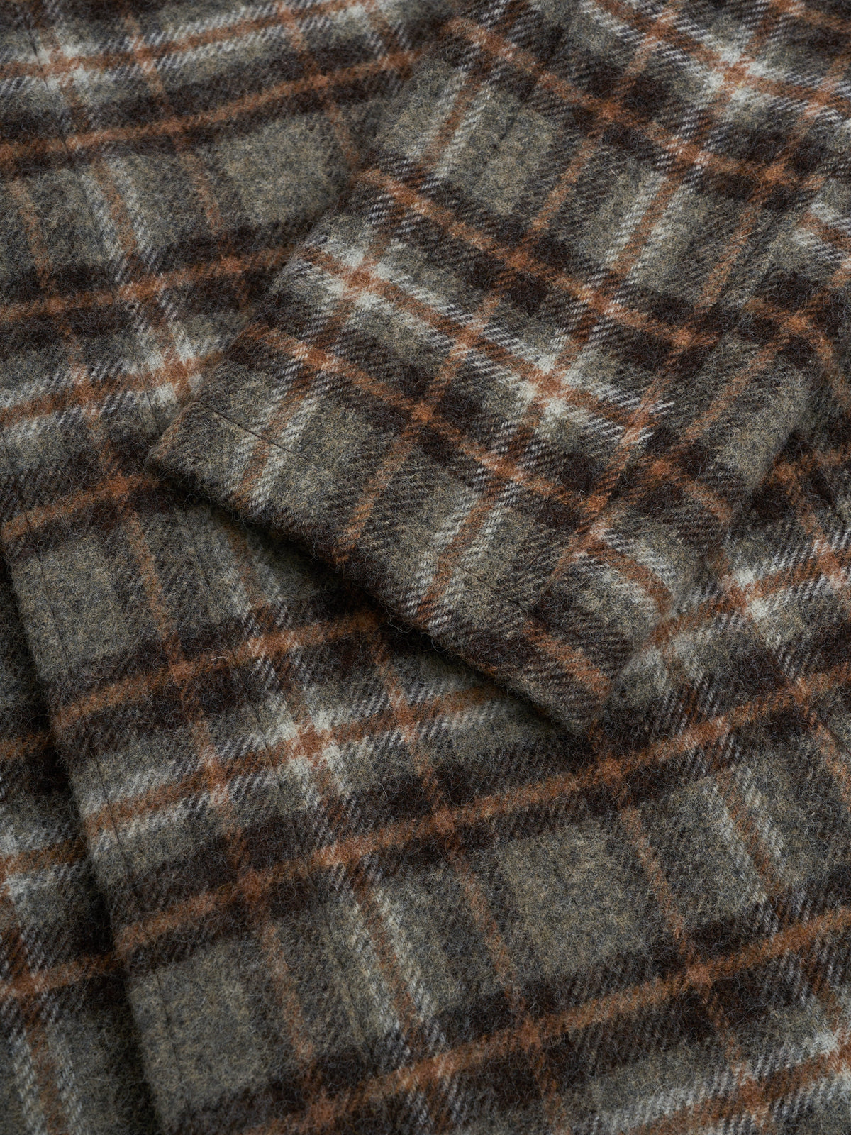 Wool Overcoat with Oatmeal Plaid Pattern and Spread Collar