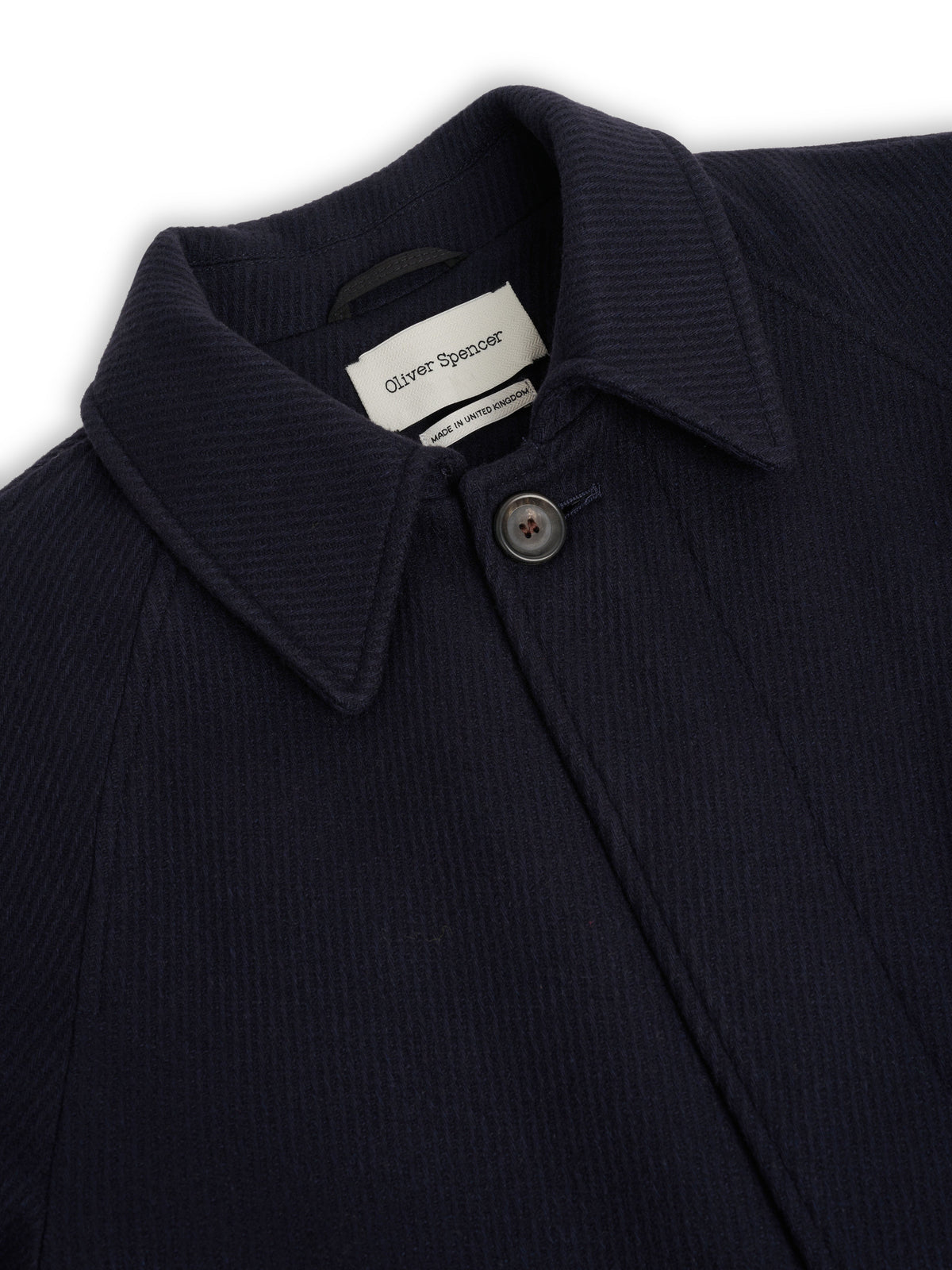 Navy Wool Twill Overcoat with Raglan Sleeves and Storm Collar, Full-Length Cut