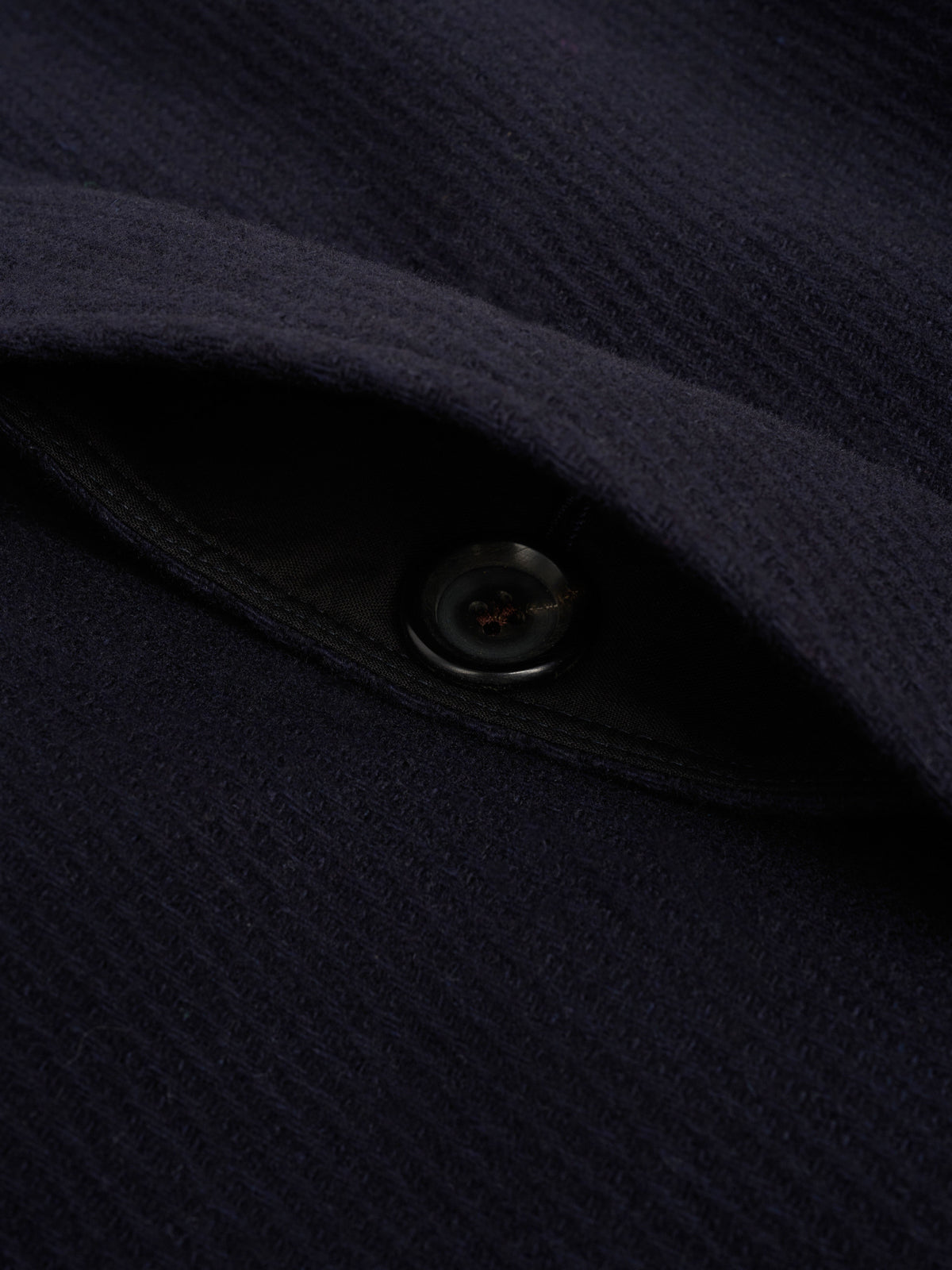 Navy Wool Twill Overcoat with Raglan Sleeves and Storm Collar, Full-Length Cut