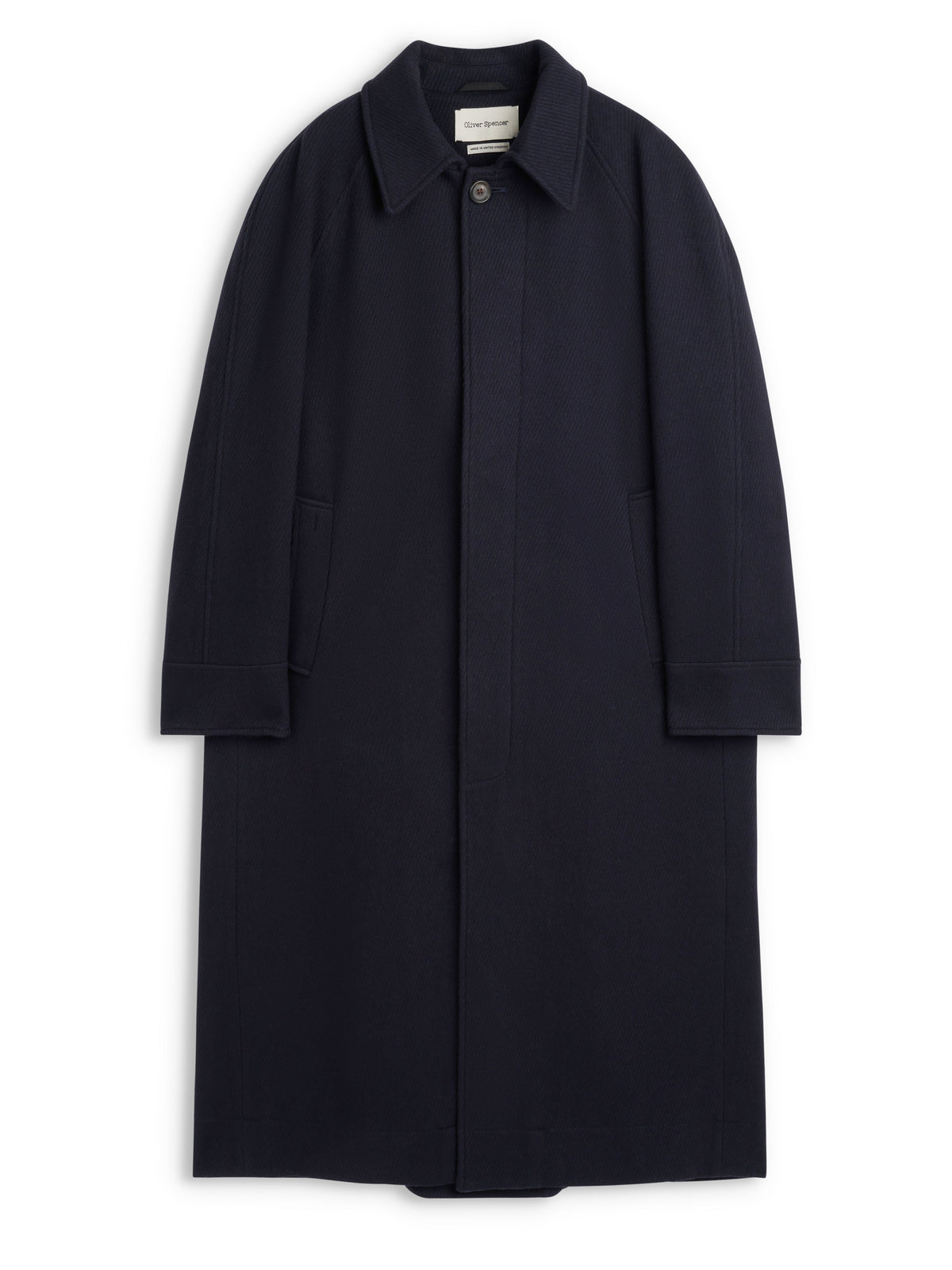 Navy Wool Twill Overcoat with Raglan Sleeves and Storm Collar, Full-Length Cut
