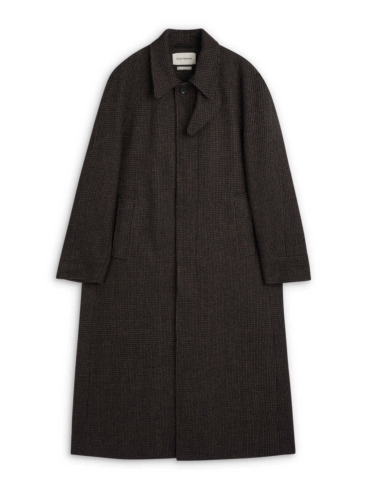 Wool-Cotton Blend Overcoat with Raglan Sleeve and Houndstooth Pattern