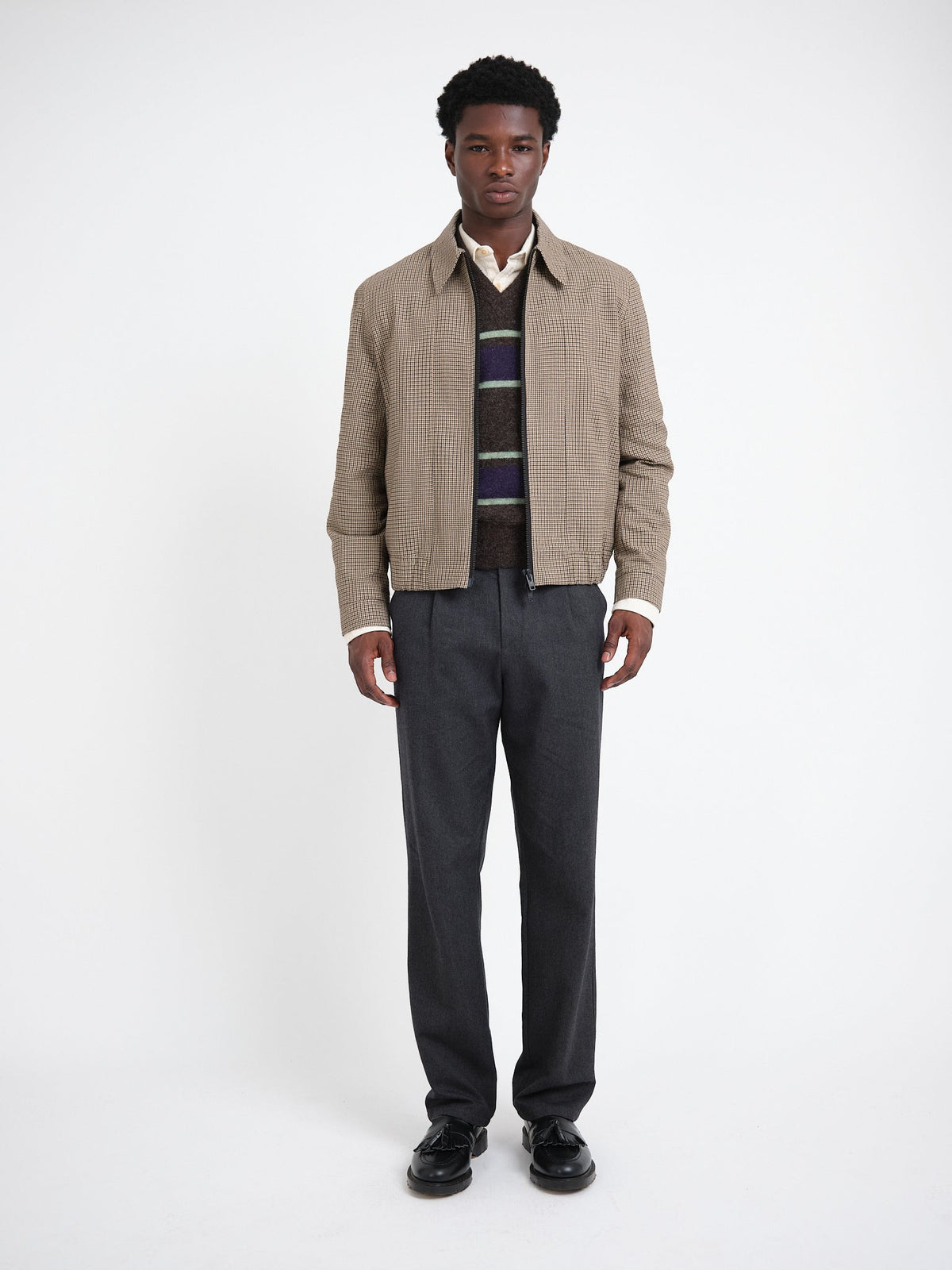 Bomber Jacket with Cotton Wool Blend and Houndstooth Weave, Double-Zip Closure
