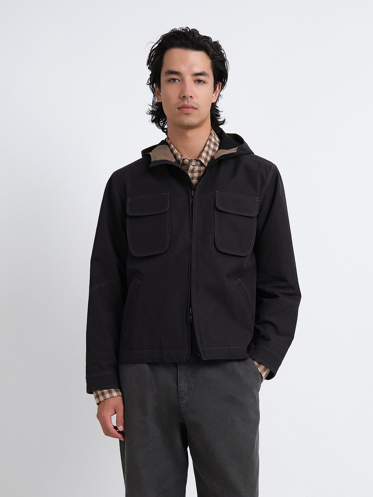 Hooded Jacket with Storm Collar and Four Pockets, Graphite Grey