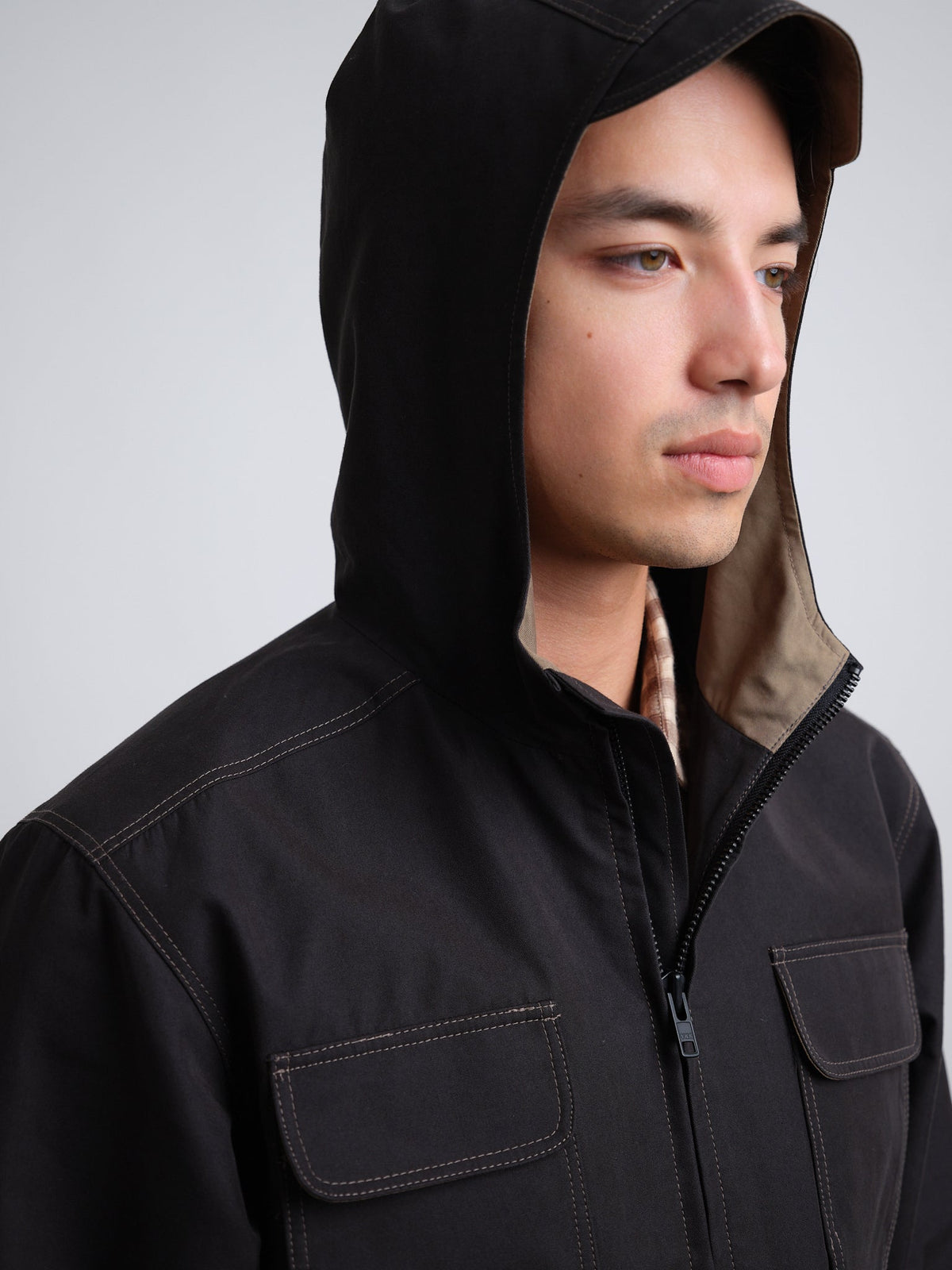 Hooded Jacket with Storm Collar and Four Pockets, Graphite Grey