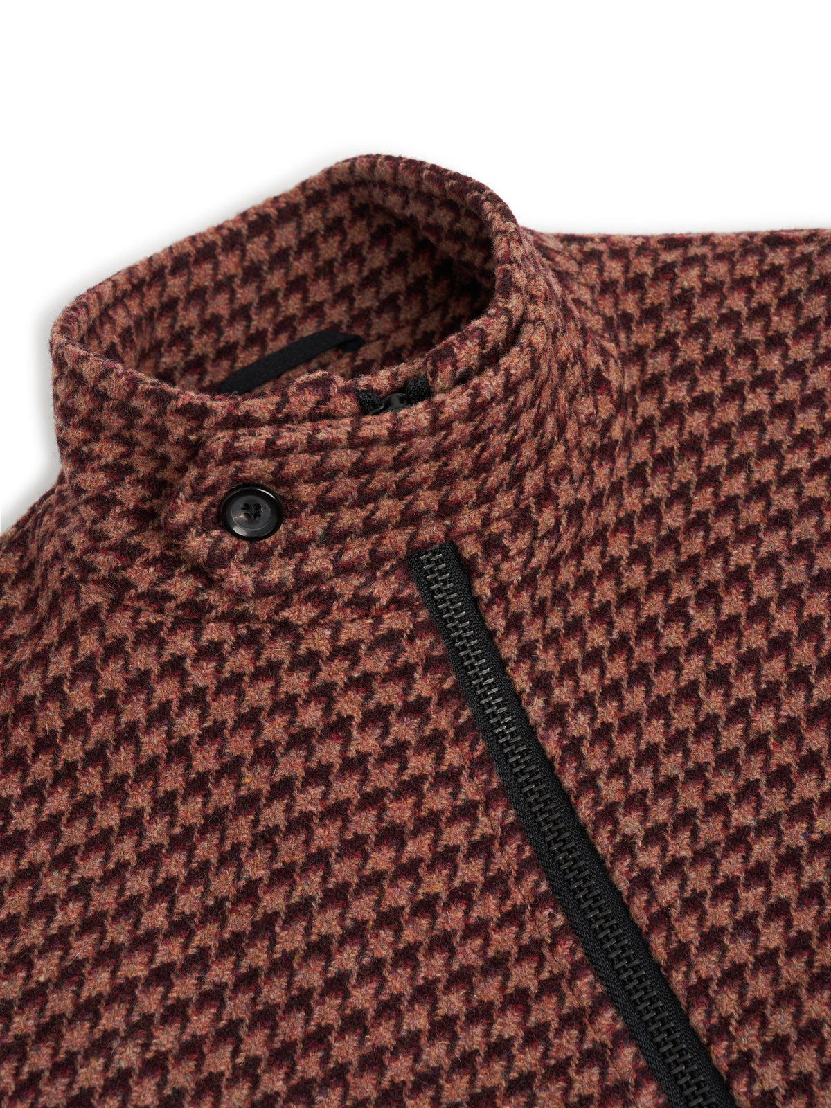 Wool Houndstooth Bomber Jacket with Stand Collar and Double-Zip Front, Burgundy Pink