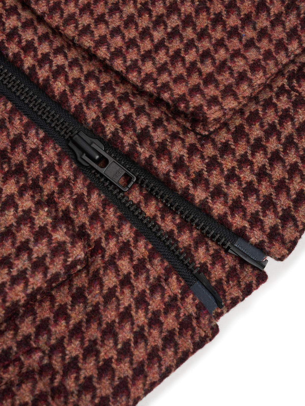 Wool Houndstooth Bomber Jacket with Stand Collar and Double-Zip Front, Burgundy Pink