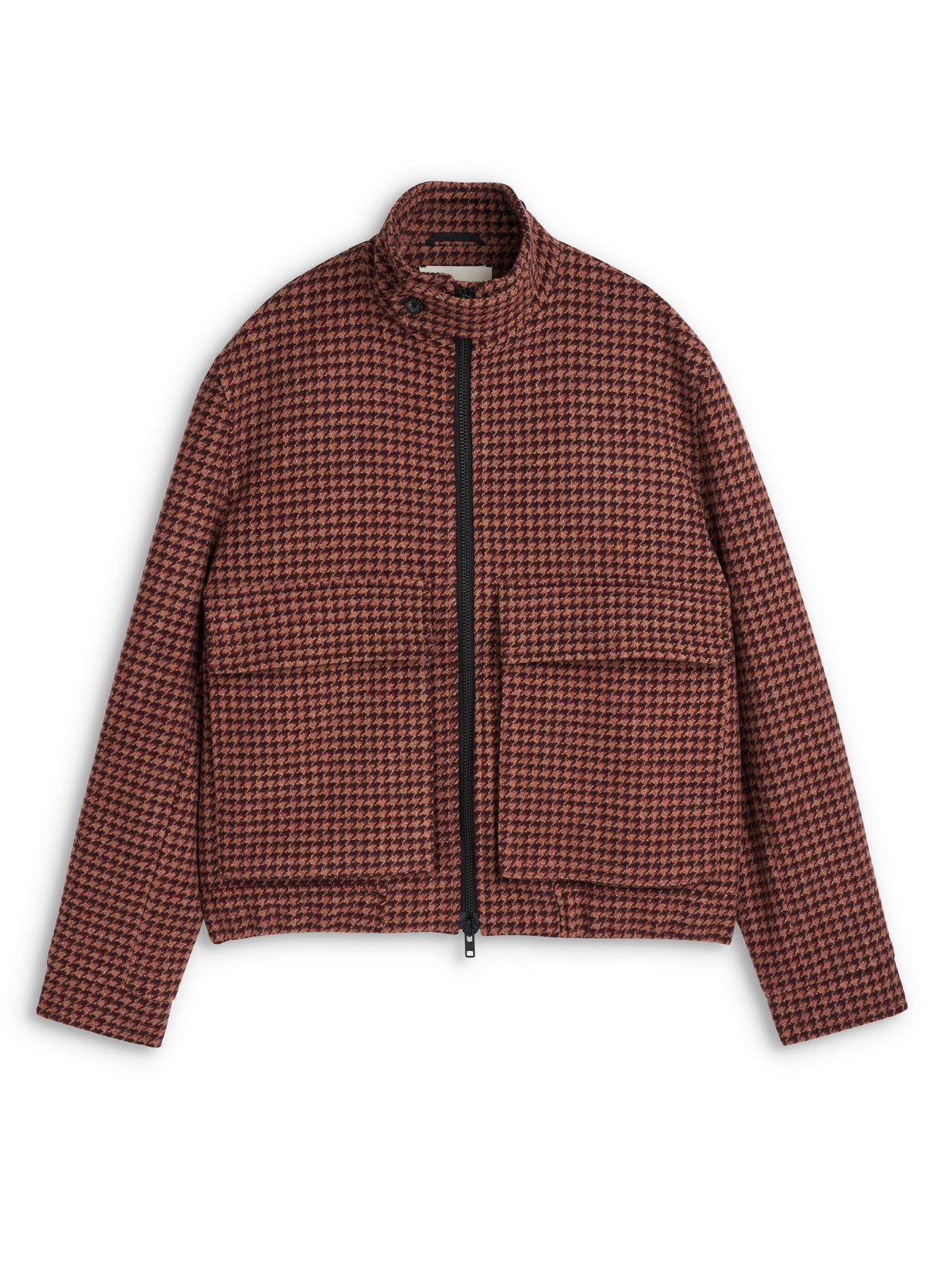 Wool Houndstooth Bomber Jacket with Stand Collar and Double-Zip Front, Burgundy Pink