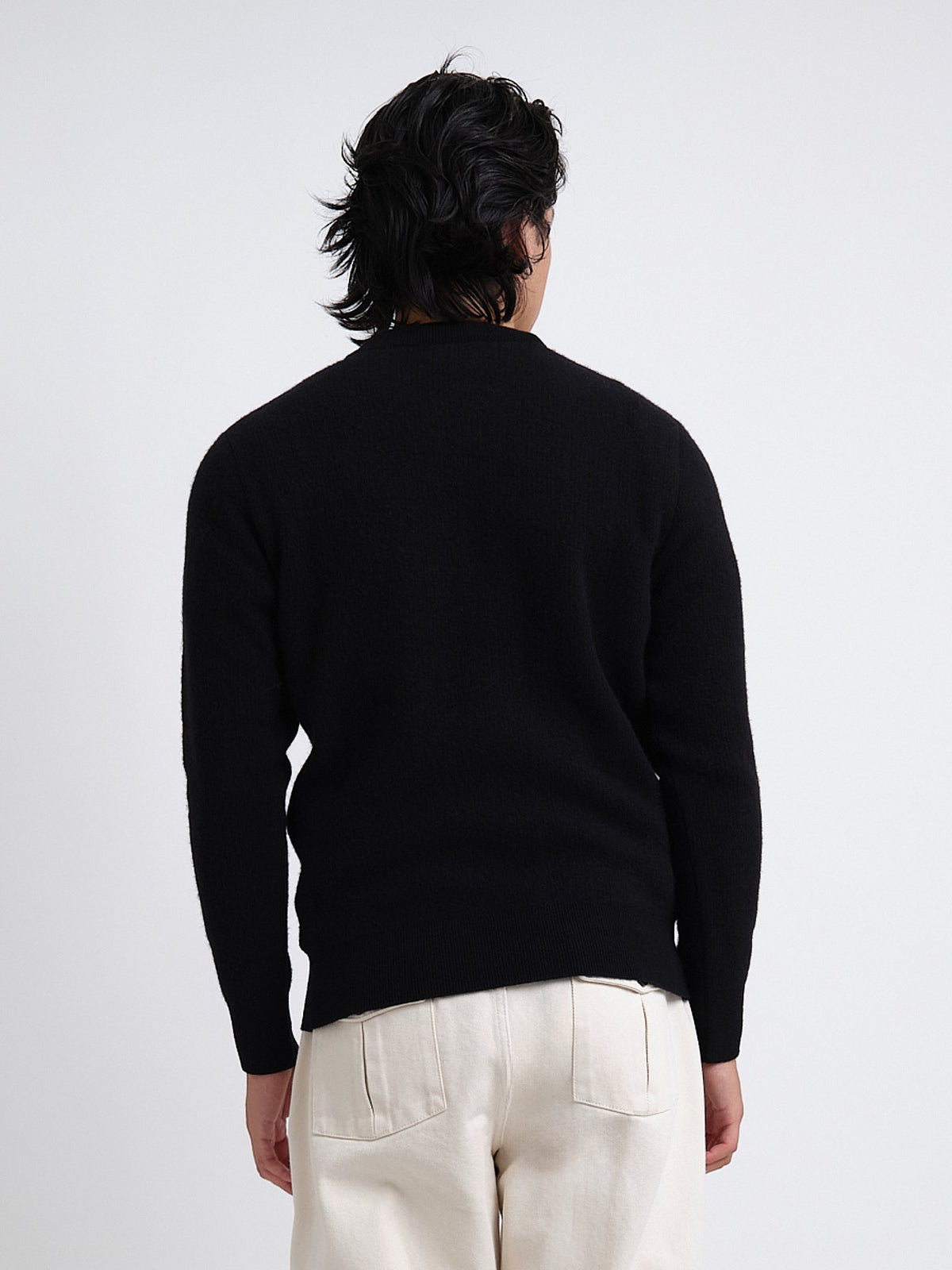 Extrafine Wool Pullover Sweater with Ribbed Collar and Elastic Waist, Black