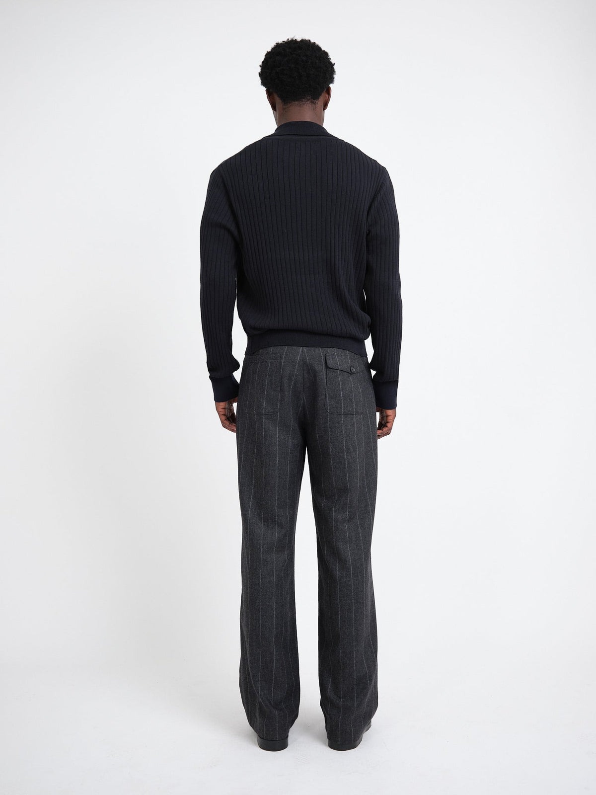 Long-Sleeve Knitted Polo Shirt with Ribbed Texture and Three-Button Placket, Navy