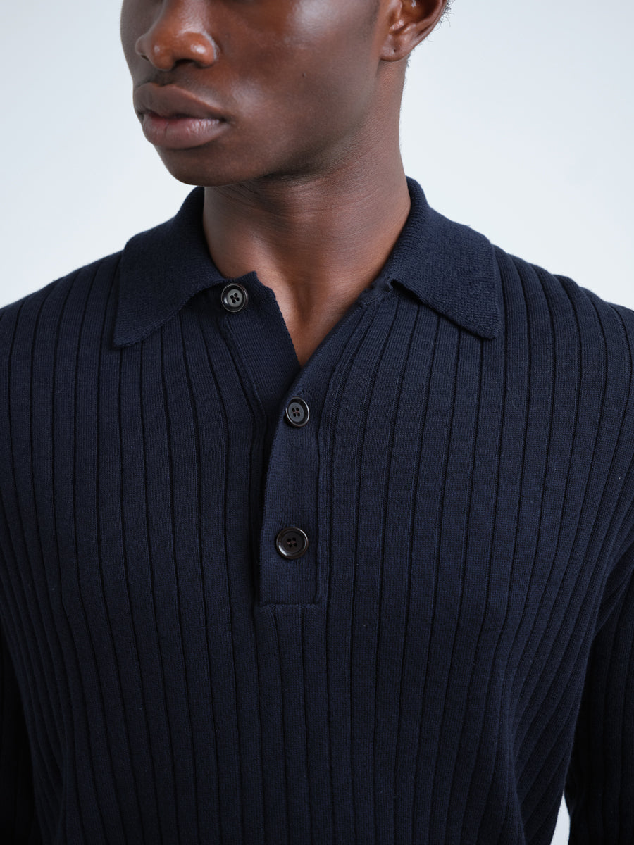 Long-Sleeve Knitted Polo Shirt with Ribbed Texture and Three-Button Placket, Navy