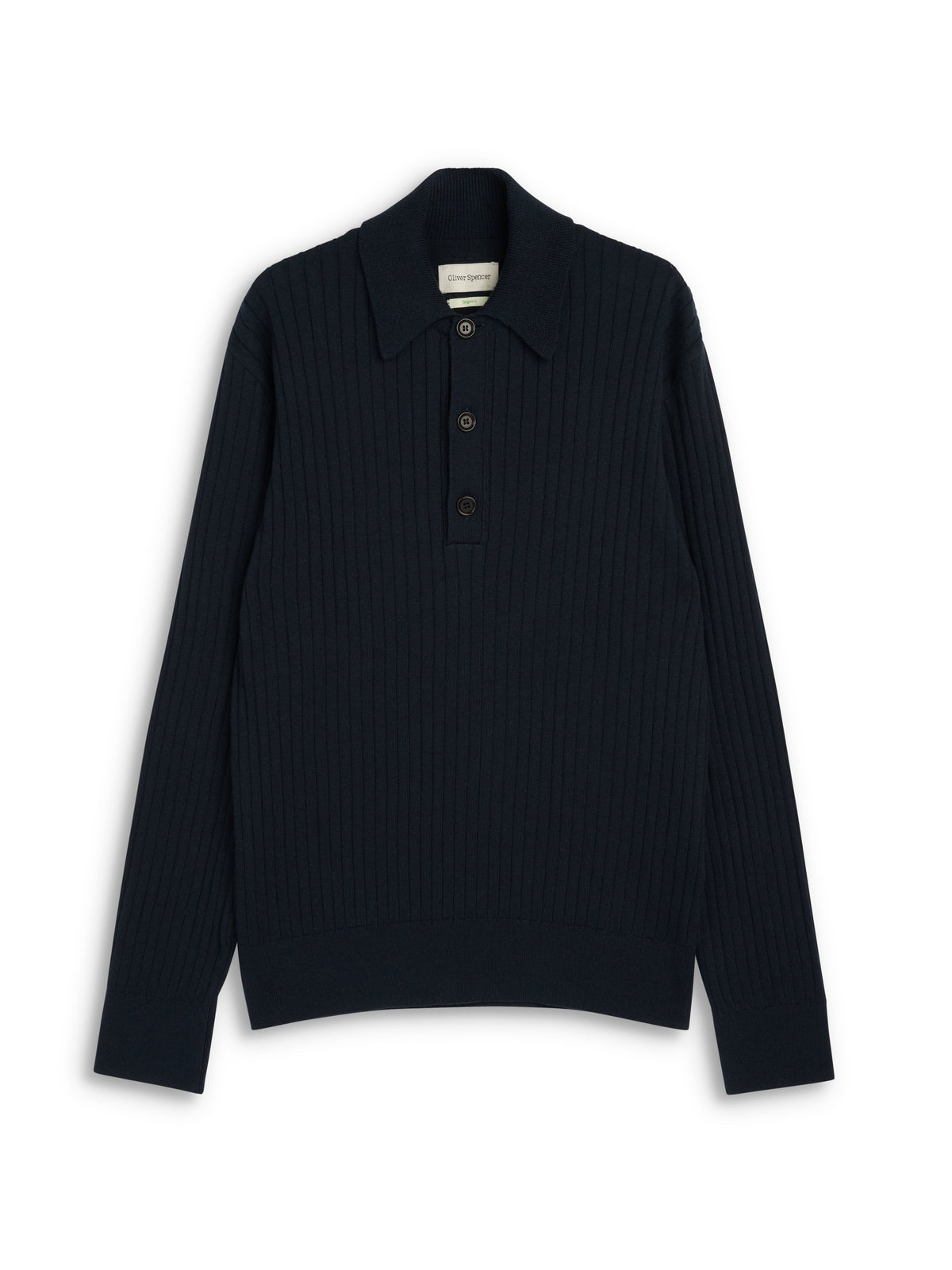 Long-Sleeve Knitted Polo Shirt with Ribbed Texture and Three-Button Placket, Navy