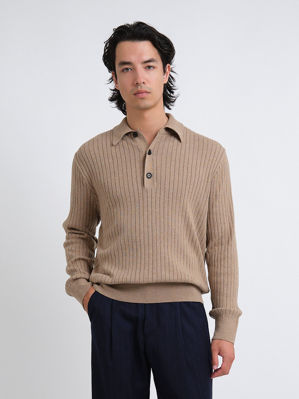 Long-Sleeve Knitted Polo Shirt with Organic Cotton and Soft Ribbed Collar, Sand