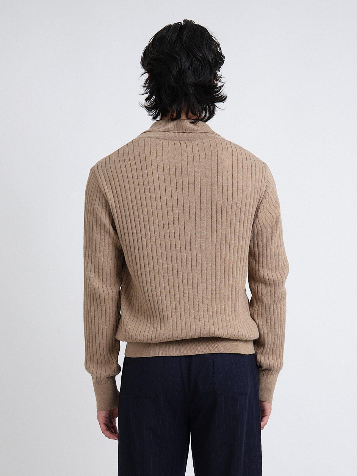 Long-Sleeve Knitted Polo Shirt with Organic Cotton and Soft Ribbed Collar, Sand