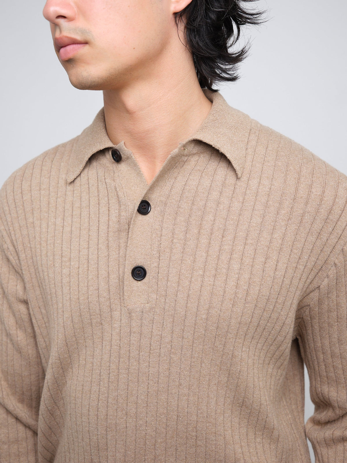 Long-Sleeve Knitted Polo Shirt with Organic Cotton and Soft Ribbed Collar, Sand