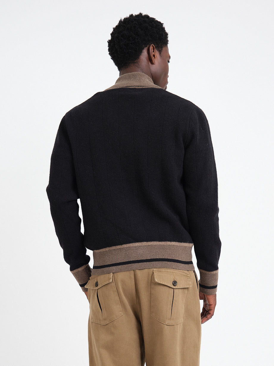 Two-Tone Wool Cardigan with Spread Collar and Tan Accents, Black