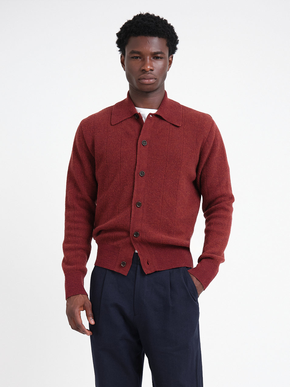 Extrafine Wool Cardigan with Spread Collar and Button Front, Red