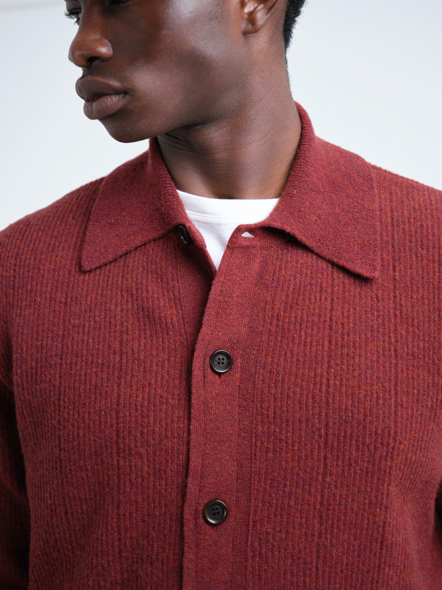 Extrafine Wool Cardigan with Spread Collar and Button Front, Red