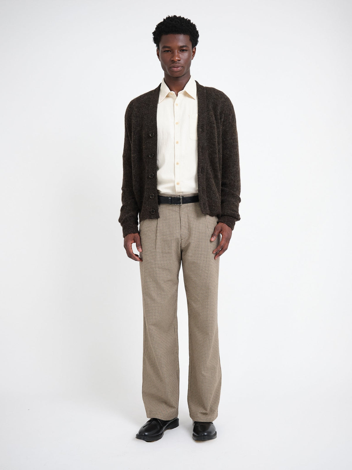 Collarless Cardigan with Alpaca Wool Blend and Mid-Century Styling