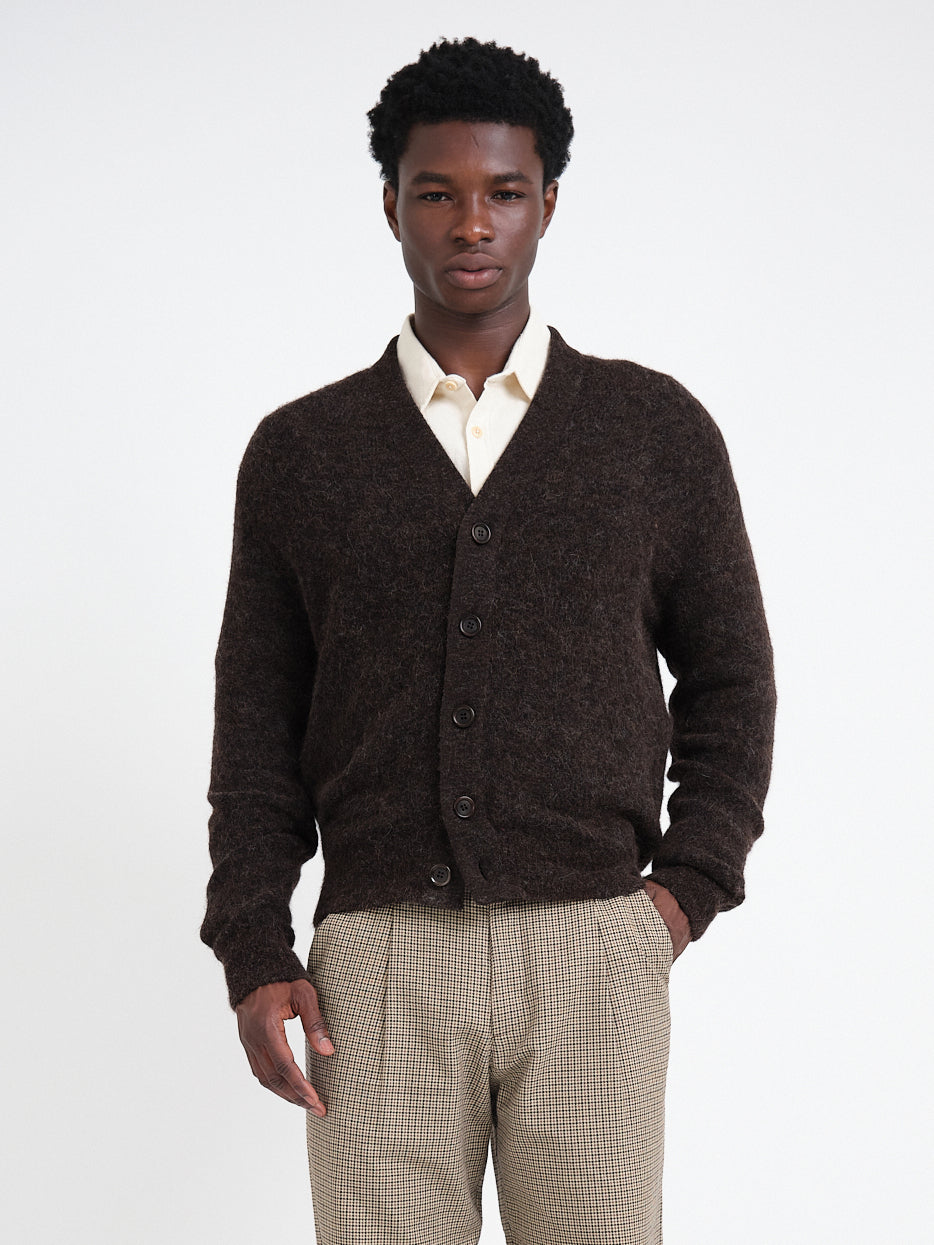 Collarless Cardigan with Alpaca Wool Blend and Mid-Century Styling