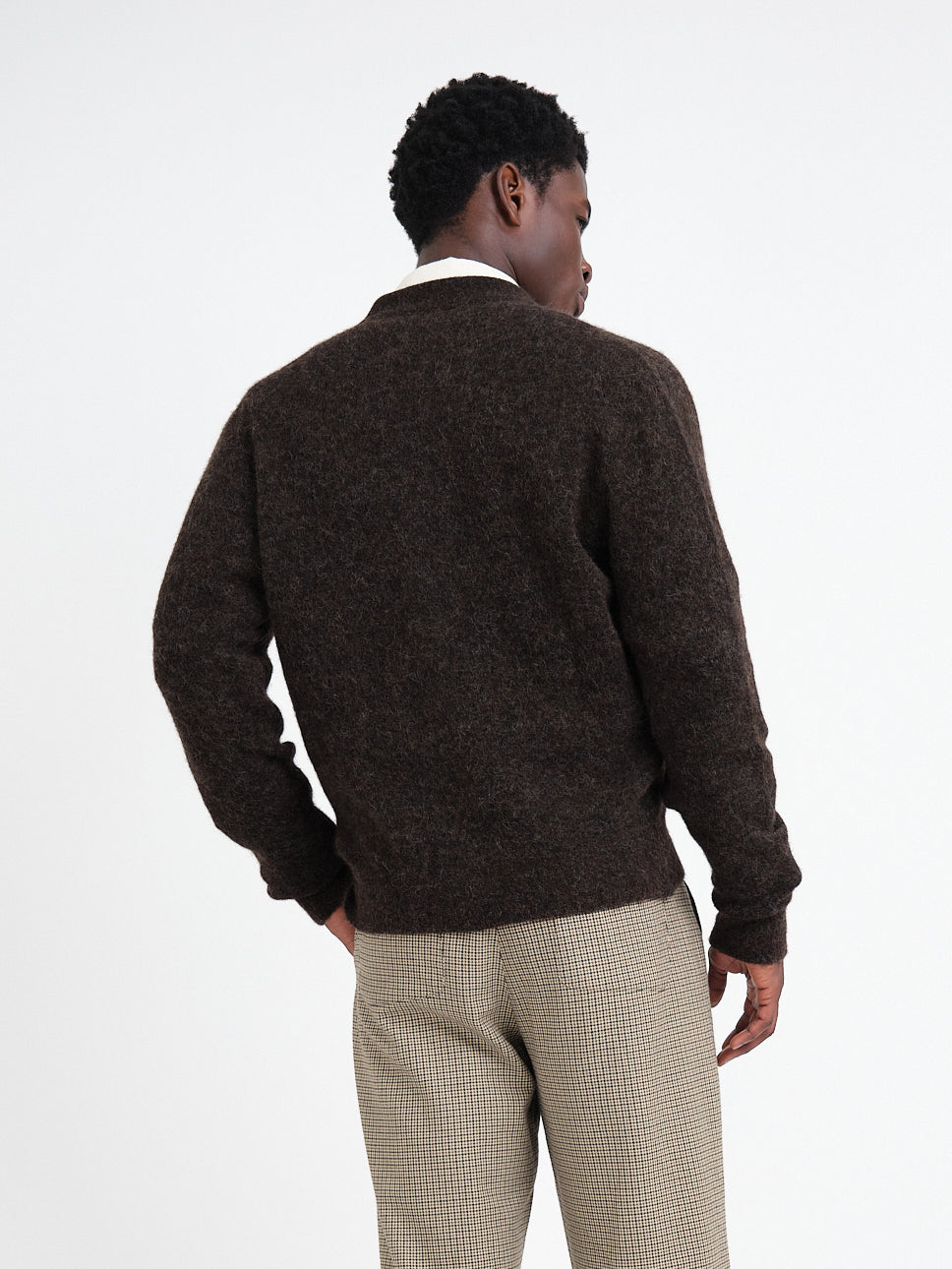 Collarless Cardigan with Alpaca Wool Blend and Mid-Century Styling