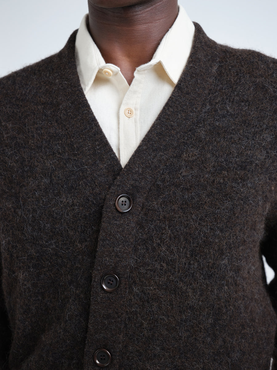 Collarless Cardigan with Alpaca Wool Blend and Mid-Century Styling