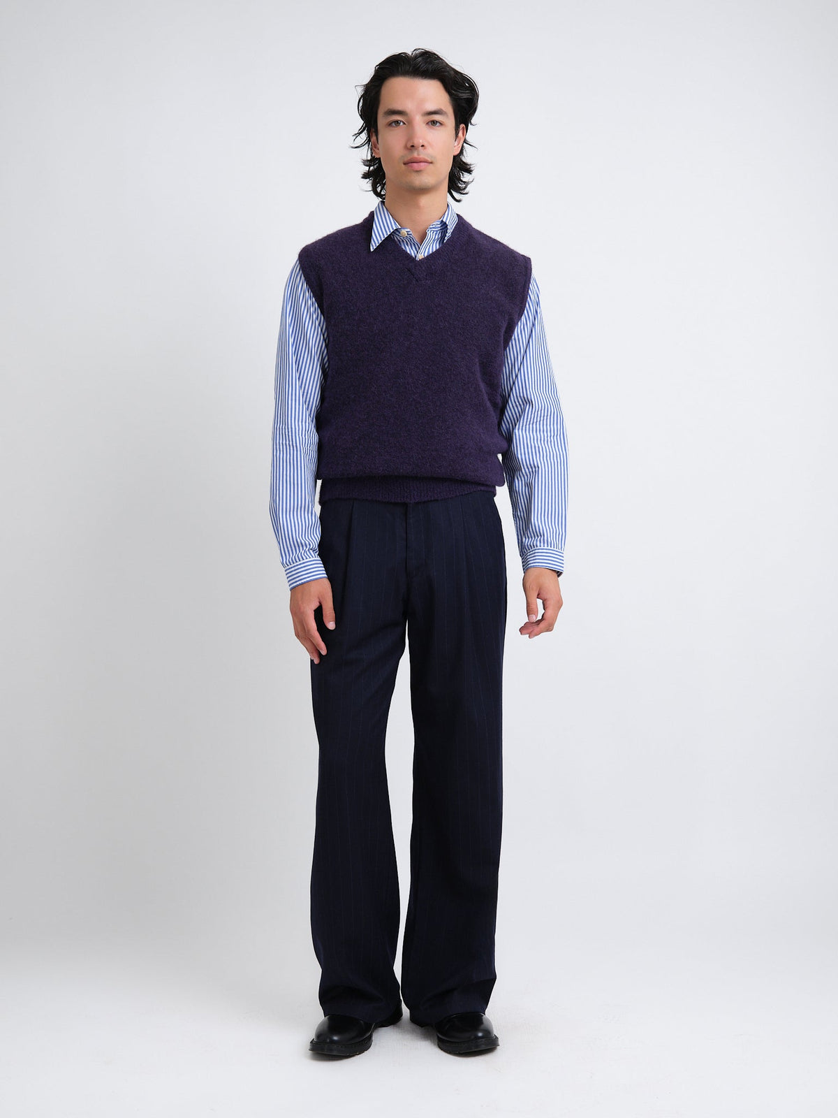 Purple V-Neck Sleeveless Knit Vest with Alpaca Wool Blend