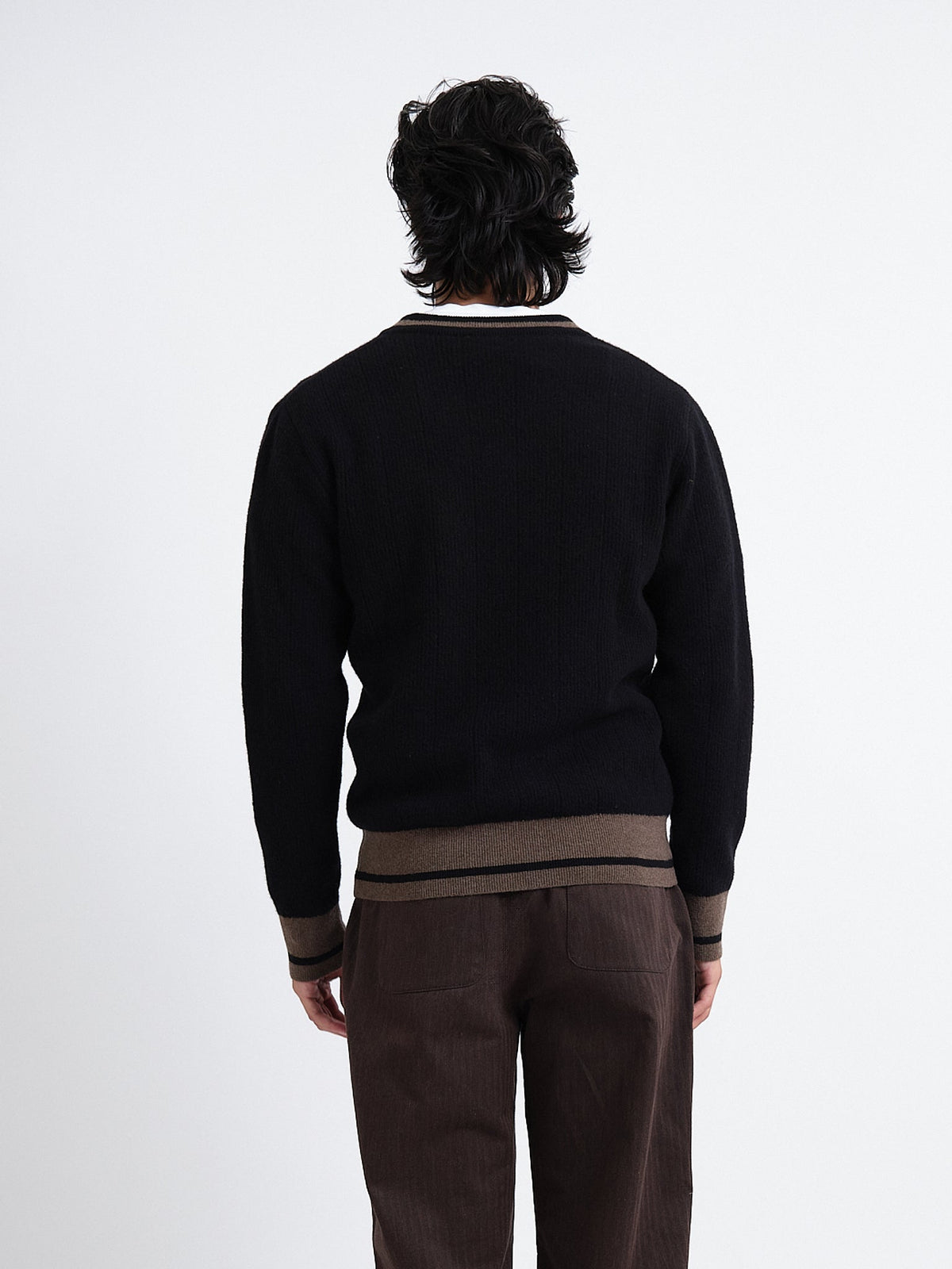 V-Neck Wool Jumper with Contrast Trim in Black
