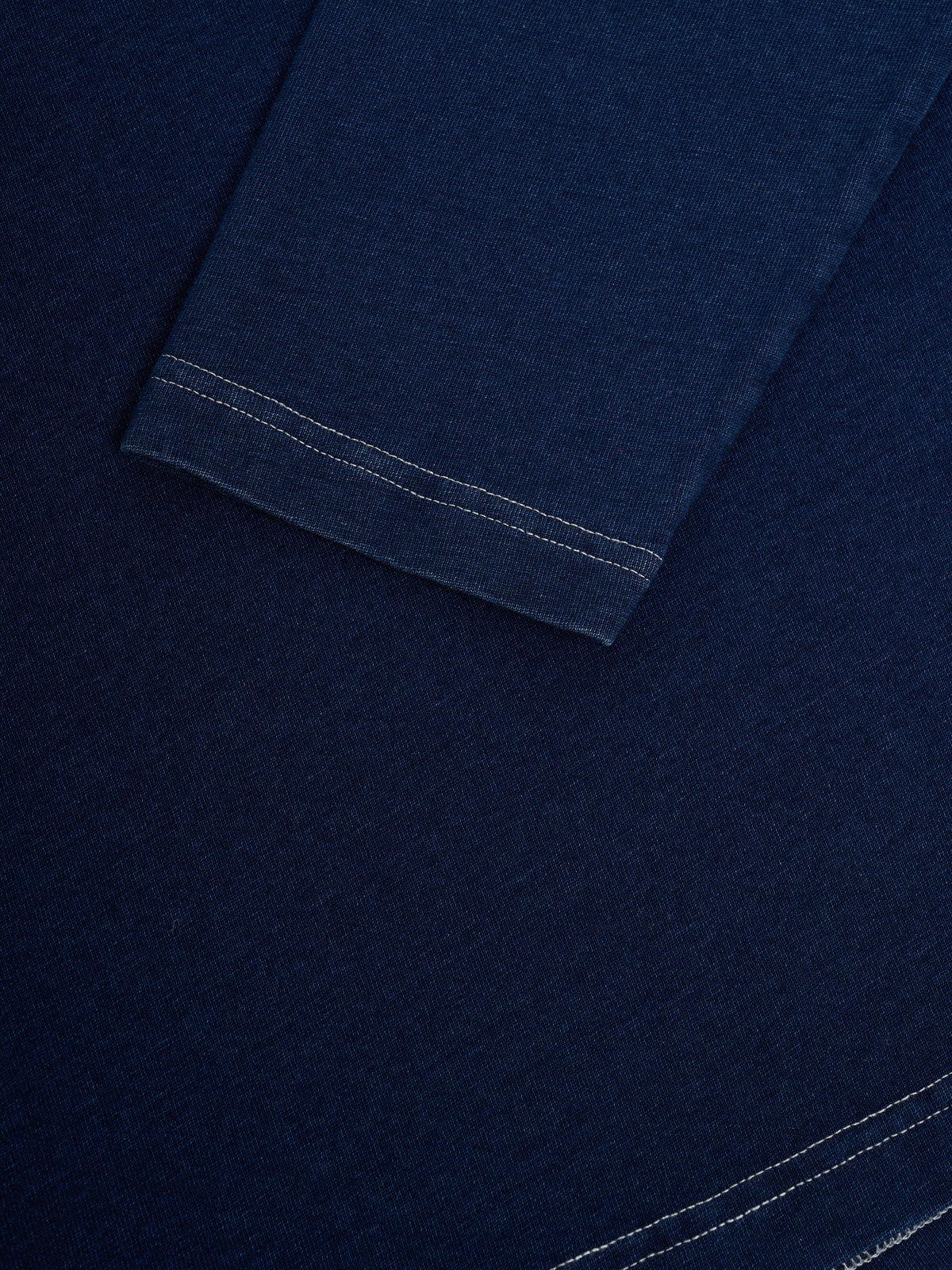Long-Sleeve Cotton Polo Shirt with Indigo Dye and Contrast Stitching, Curved Hem