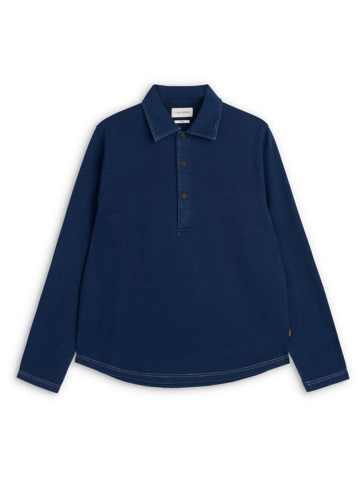 Long-Sleeve Cotton Polo Shirt with Indigo Dye and Contrast Stitching, Curved Hem
