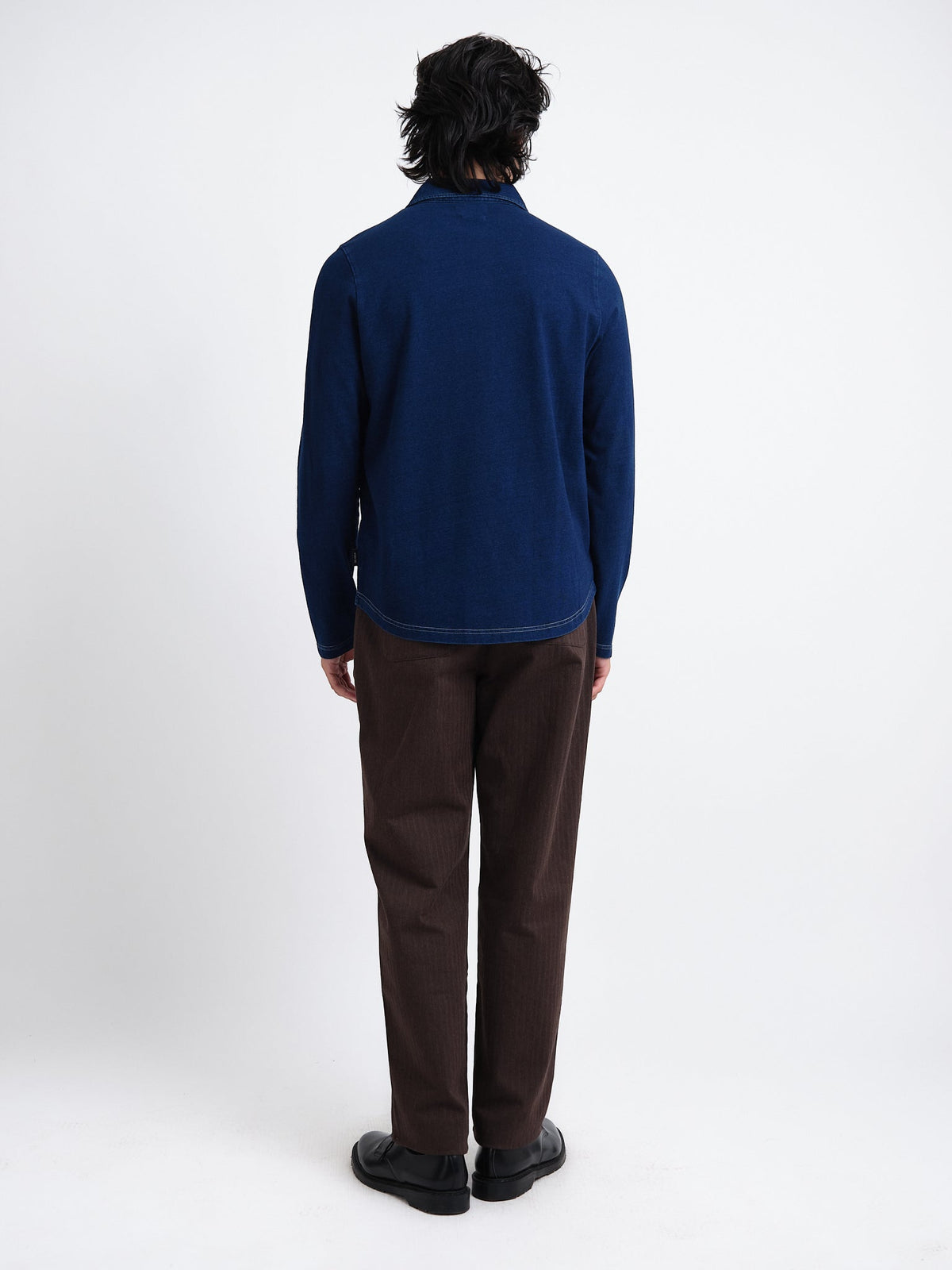 Long-Sleeve Cotton Polo Shirt with Indigo Dye and Contrast Stitching, Curved Hem