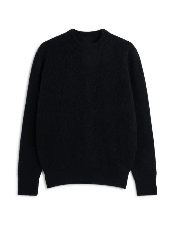 Extrafine Wool Pullover Sweater with Ribbed Collar and Elastic Waist, Black
